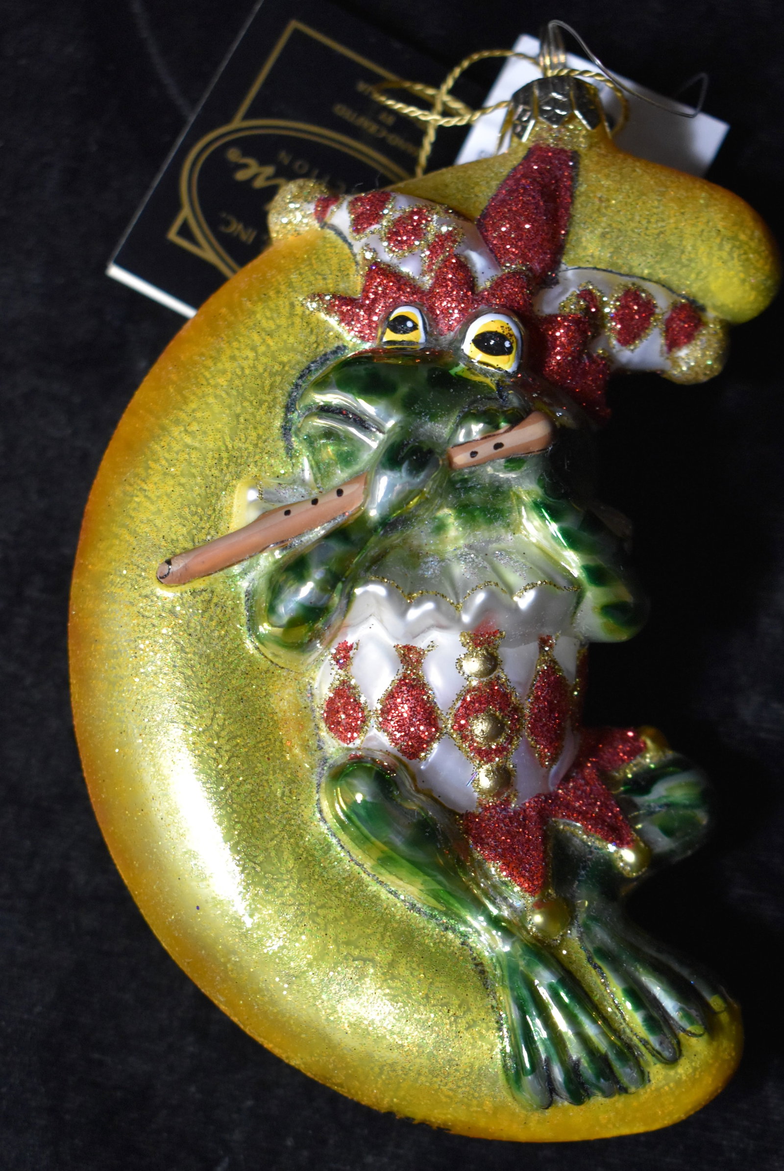 Vintage 6" Kurt S Adler Frog on the Moon Christmas Ornament: Vintage 6" Kurt S Adler Joker Frog on the Moon Playing the Flute. Christmas Ornament. 1990's in excellent (like new) condition w/ original price tag. From the Polonaise Collection. Made in Poland by K