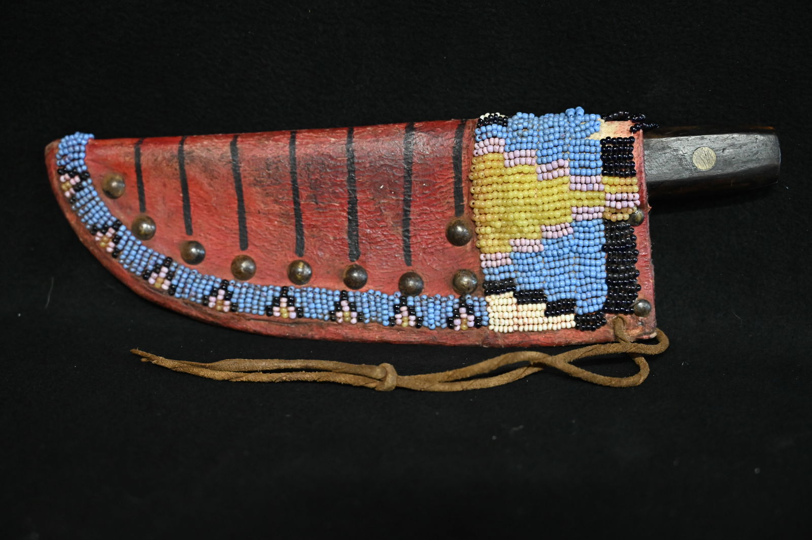 Beaded Leather Knife Sheath With Old Knife.  Measures 12 1/2" Total with the sheath measuring 10 (1 of 12)