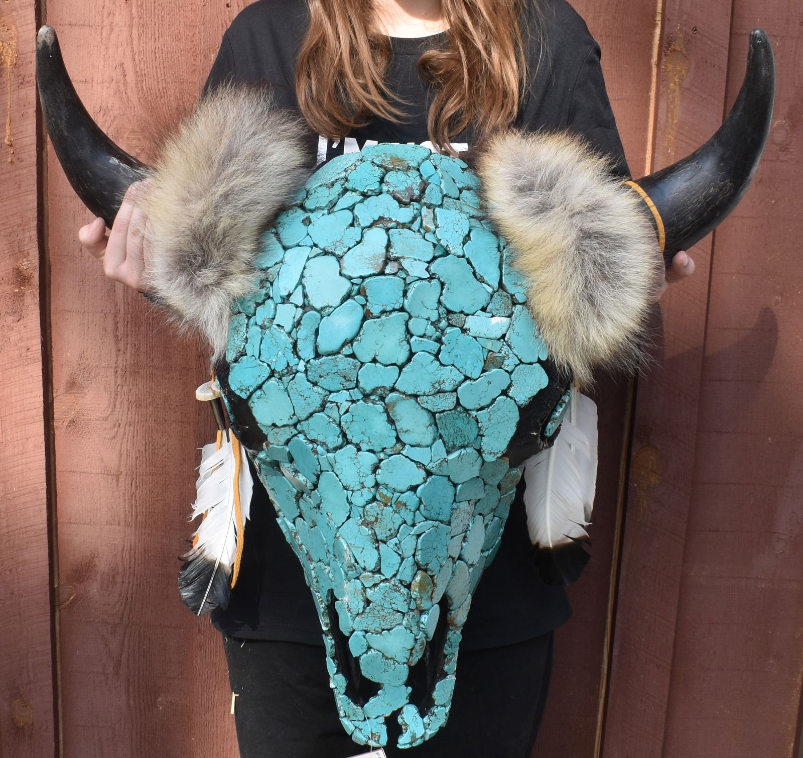 24" Large Mosaic Turquoise American Bison Skull Native American Artistry (1 of 10)