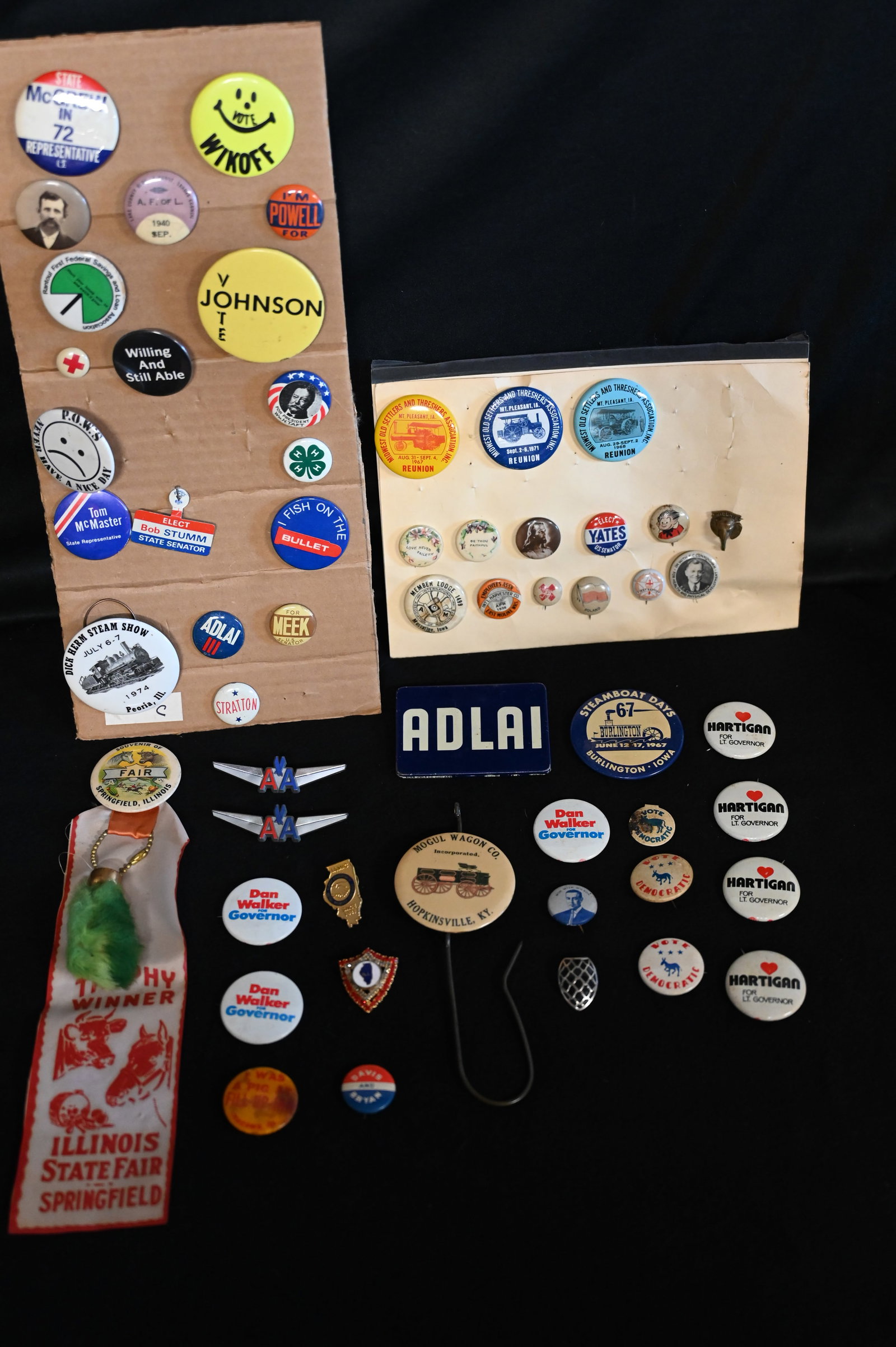 Vintage Campaign and Advertising Pins. Includes Adlai, Stratton, Willkie, Johnson, Mogul Wagon Co.,: Vintage Campaign and Advertising Pins. Includes Adlai, Stratton, Willkie, Johnson, Mogul Wagon Co., Wilson and Democrat Pins.