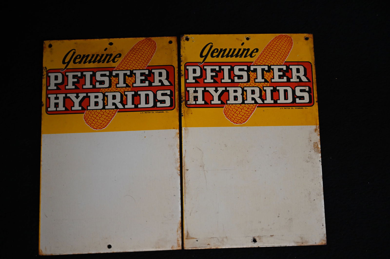 2  Pfister Hybrids Vintage Metal Seed Corn Signs Agriculture Advertising measures 5" x 8". (1 of 4)