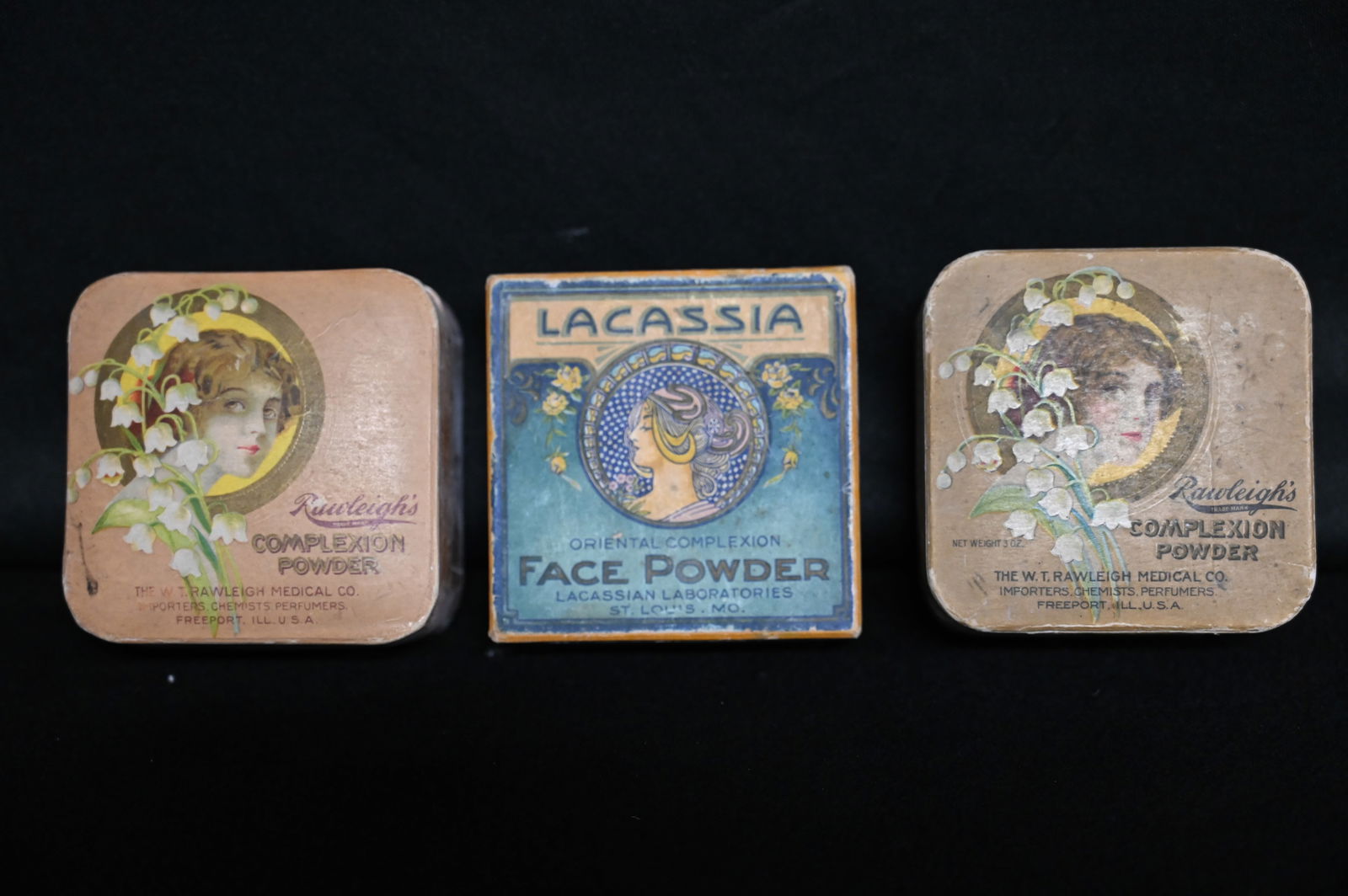 3 Vintage Face Powder Containers.  Includes Lacassia Face Powder and 2 Rawleigh's Complexion Powder. (1 of 5)