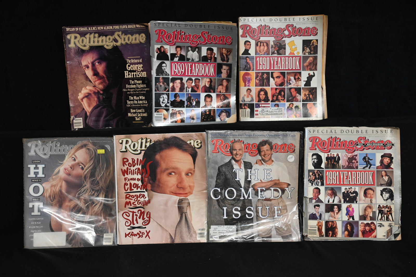 7 Rolling Stone Magazines includes The Comedy Issue David Letterman and Johnny Carson, Robin: 7 Rolling Stone Magazines includes The Comedy Issue David Letterman and Johnny Carson, Robin Williams, Claudia Schiffer, 1989 1990 1991 Yearbooks, George Harrison.