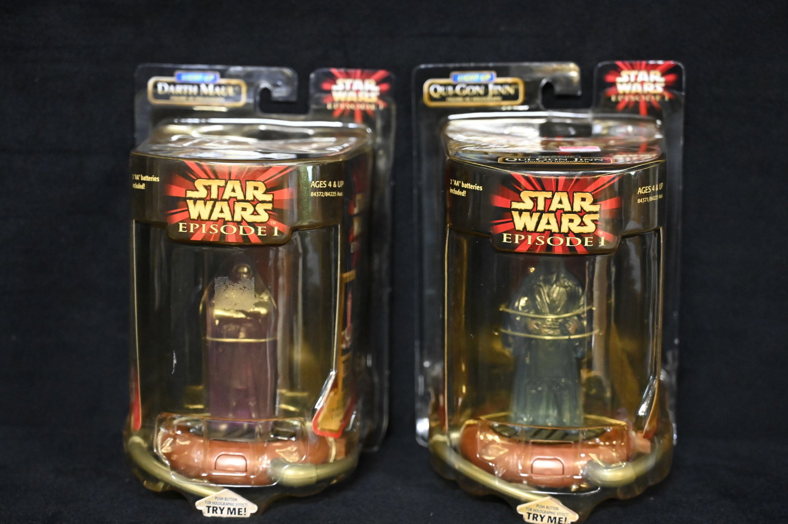 Star Wars Episode 1 Darth Maul Figure as Hologram and Qui-Gon-Jinn Figure as Hologram Produced by: Star Wars Episode 1 Darth Maul Figure as Hologram and Qui-Gon-Jinn Figure as Hologram Produced by Hasbro in 1999.