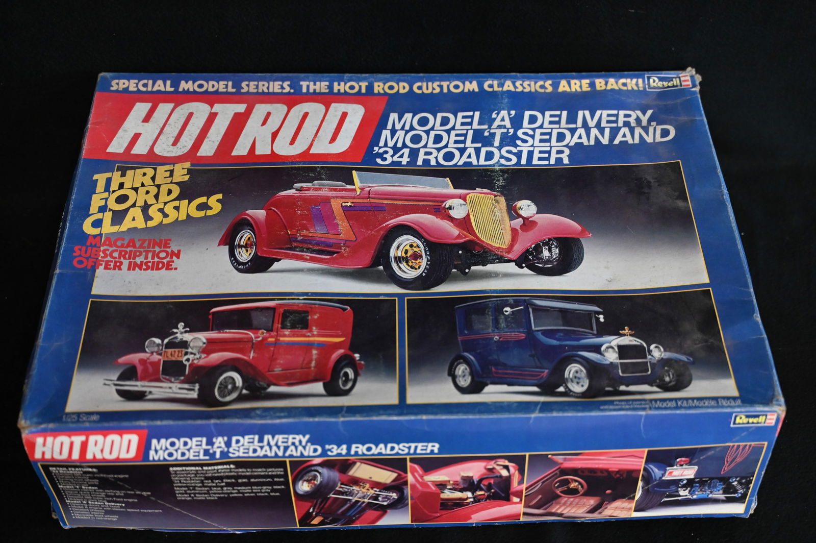 Vintage Hot Rod Box Full of Model Cars and Parts.  The Box is a Revell Hot Rod Magazine with 3 cars (1 of 5)