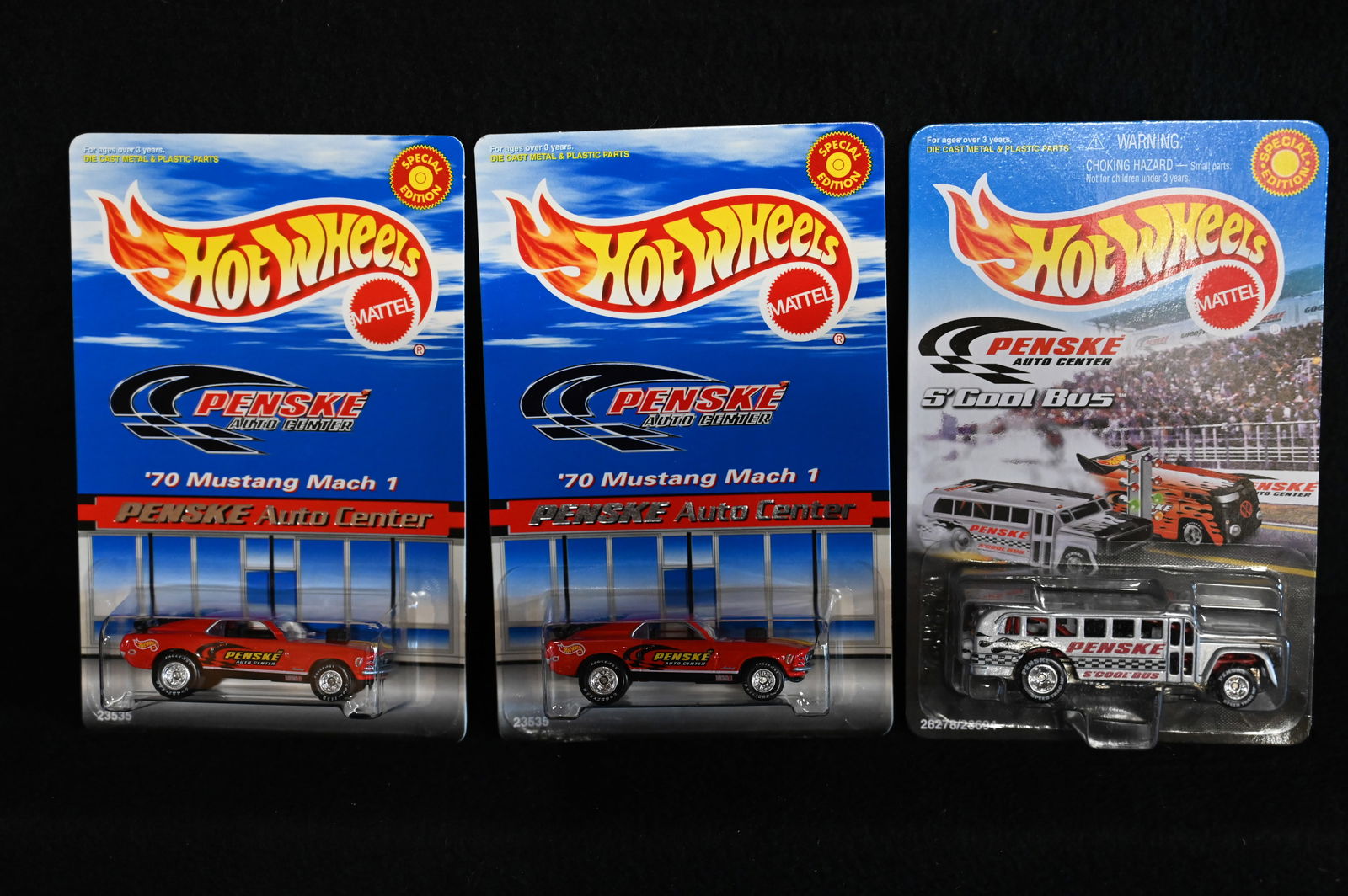 1999 Hot Wheels 2 Penske Auto Center 70' Mustang Mach 1 and a 2000 Penske S'cool Bus.  All cars are (1 of 6)