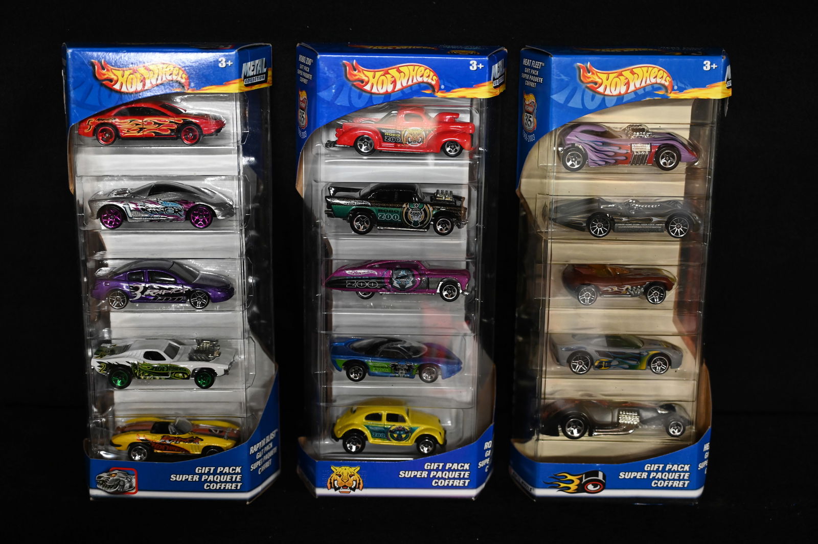 3 HotWheels 5 Car Packs 2002 Robo Zoo, Heat Fleet, Raptor Blast. (1 of 4)