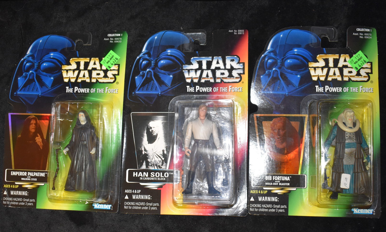 Kenner The Power of the Force Lot - Hans Solo, Emperor Palpatine, Bib Fortuna: Kenner The Power of the Force Lot - Hans Solo, Emperor Palpatine, Bib Fortuna. 3 Figures from Kenner Hasbro 1996. New in their original packages.