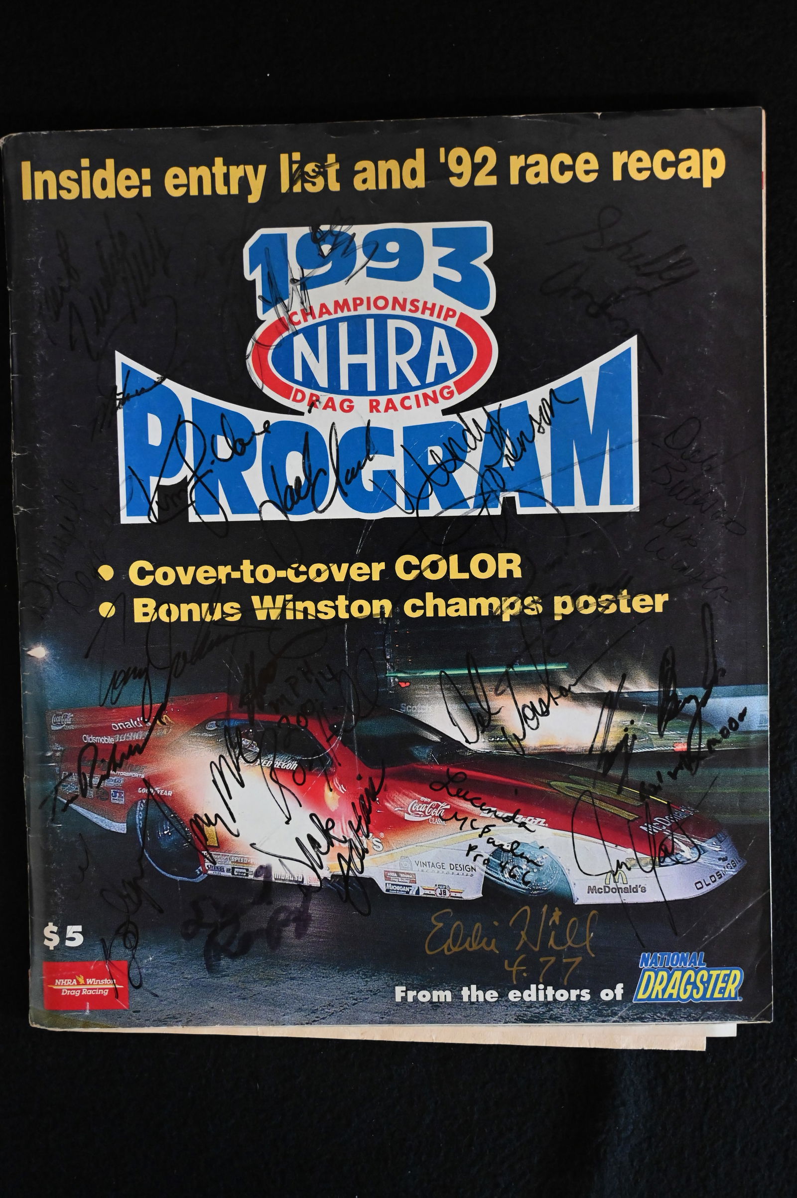 1993 U.S. Nationals Souvenir Program NHRA with over 25 Autographs.  Includes Jack Clark, Eddie Hill, (1 of 5)