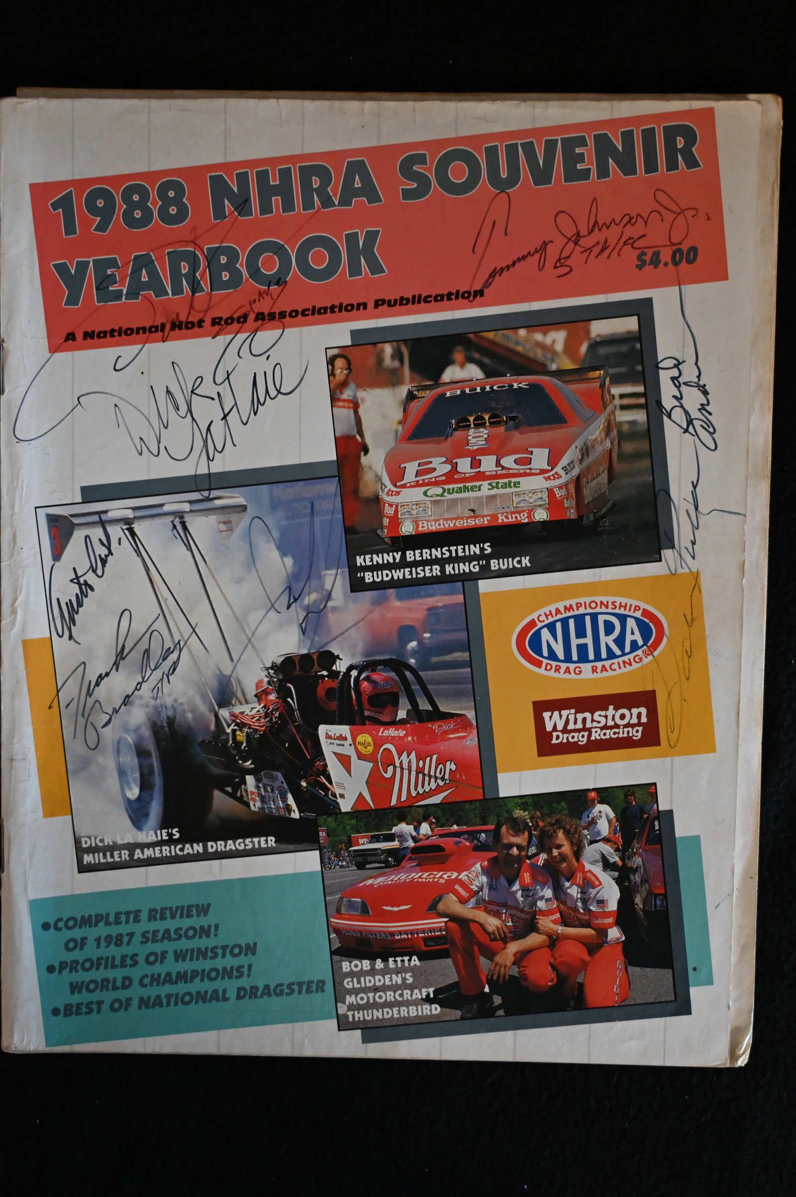 1988 U.S. Nationals Souvenir Yearbook NHRA with over 38 Autographs. Includes Kenny Bernstein,: 1988 U.S. Nationals Souvenir Yearbook NHRA with over 38 Autographs. Includes Kenny Bernstein, Eddie Hill, John Force, Don Garlits, Shelly Anderson, & many more.