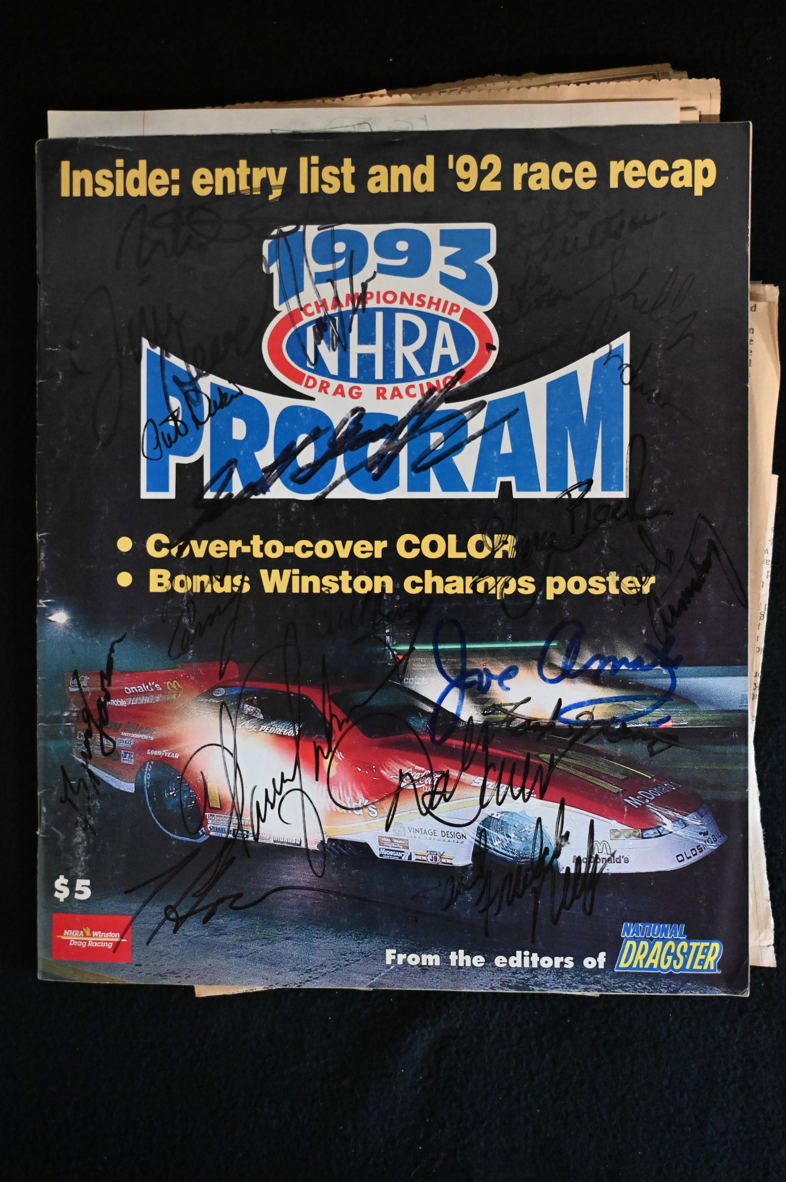 1993 U.S. Nationals Souvenir Program NHRA with over 30 Autographs. Includes Joe Amato, Don Garlits,: 1993 U.S. Nationals Souvenir Program NHRA with over 30 Autographs. Includes Joe Amato, Don Garlits, Shelly Anderson, Tom Mcewen, & many more.