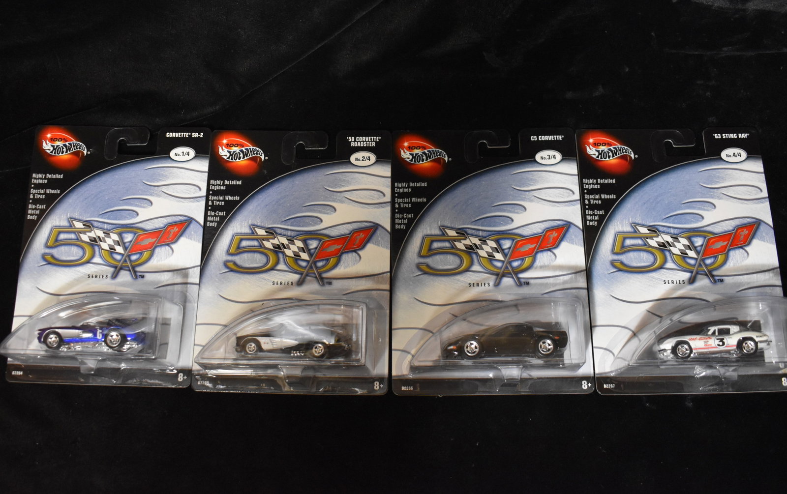100% Hot Wheels 50 Series Complete Set of 4 1:64 Diecast 2002 NIB: 100% Hot Wheels 50 Series Complete Set of 4 1:64 Diecast 2002. Chevy C5 Corvette, 58 corvette Roadster, 63 Sting Ray and Corvette SR-2. Old New Stock.