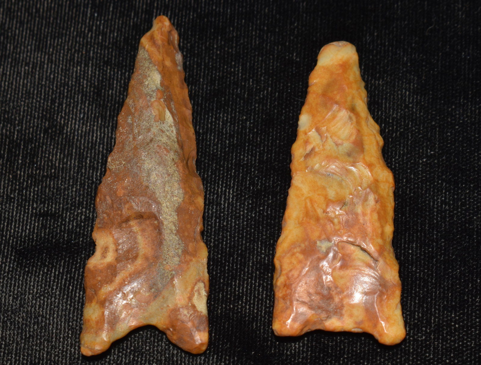 2 River Patina'd Daltons found in Pettis County, Missouri: 2 River Patina'd Daltons found in Pettis County, Missouri. Nice little Daltons that measure 2 1/8" and 2 1/2". Ex George Wolf Collection