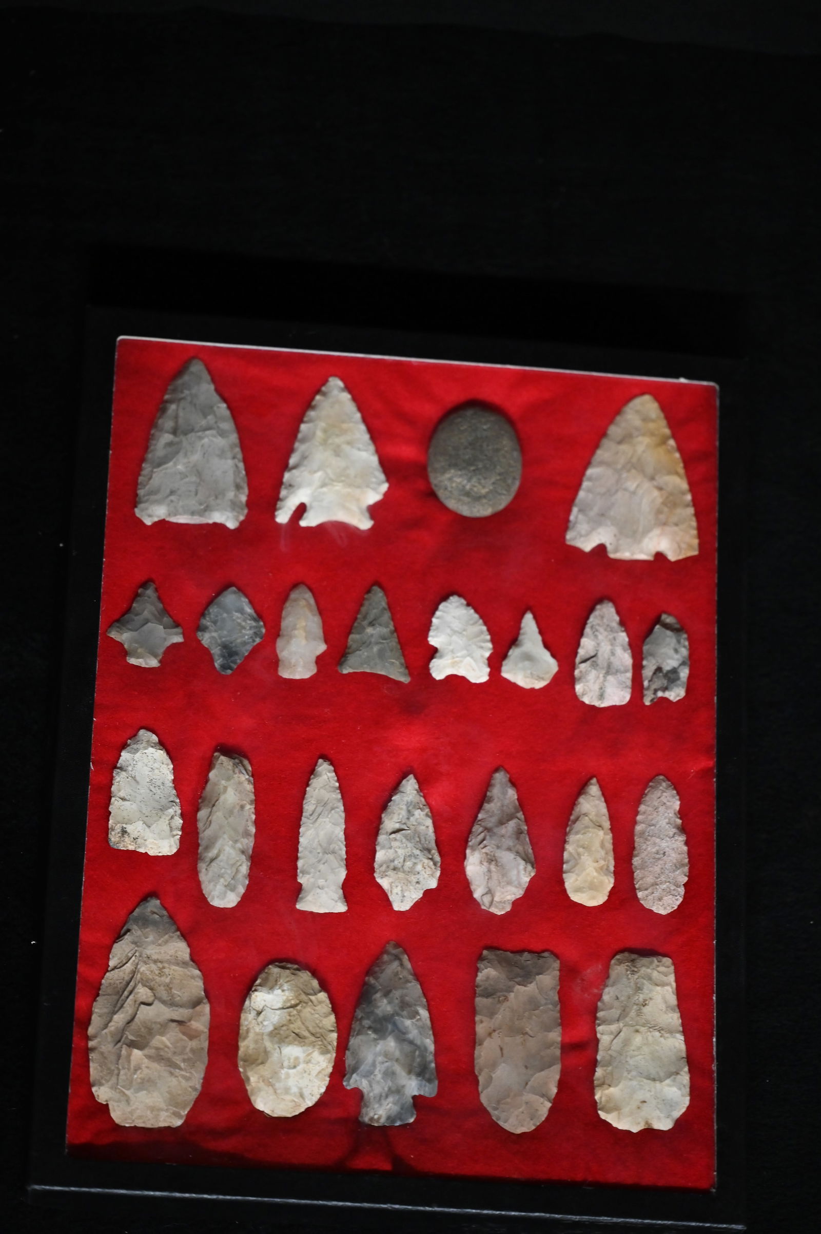 24 Artifacts Displayed in a 12" x 16 1/2" Frame Found in Missouri and Iowa Longest is 4 inches. (1 of 6)
