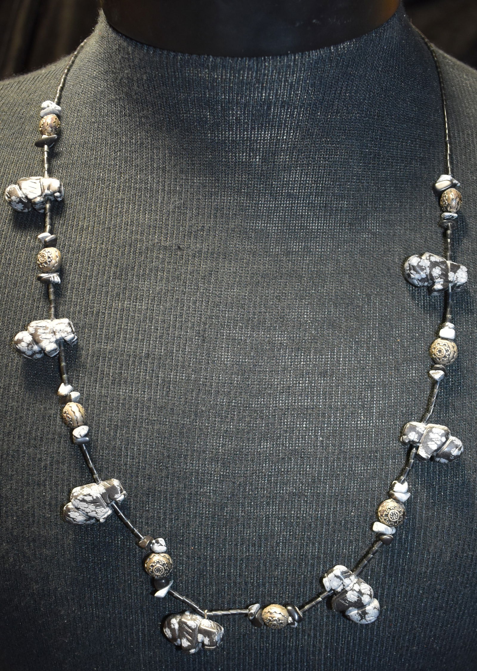28" Snowflake Obsidian Buffalo Effigy Necklace: 28" Snowflake Obsidian Buffalo Effigy Necklace. Metal beads appear to be silver. Excellent condition