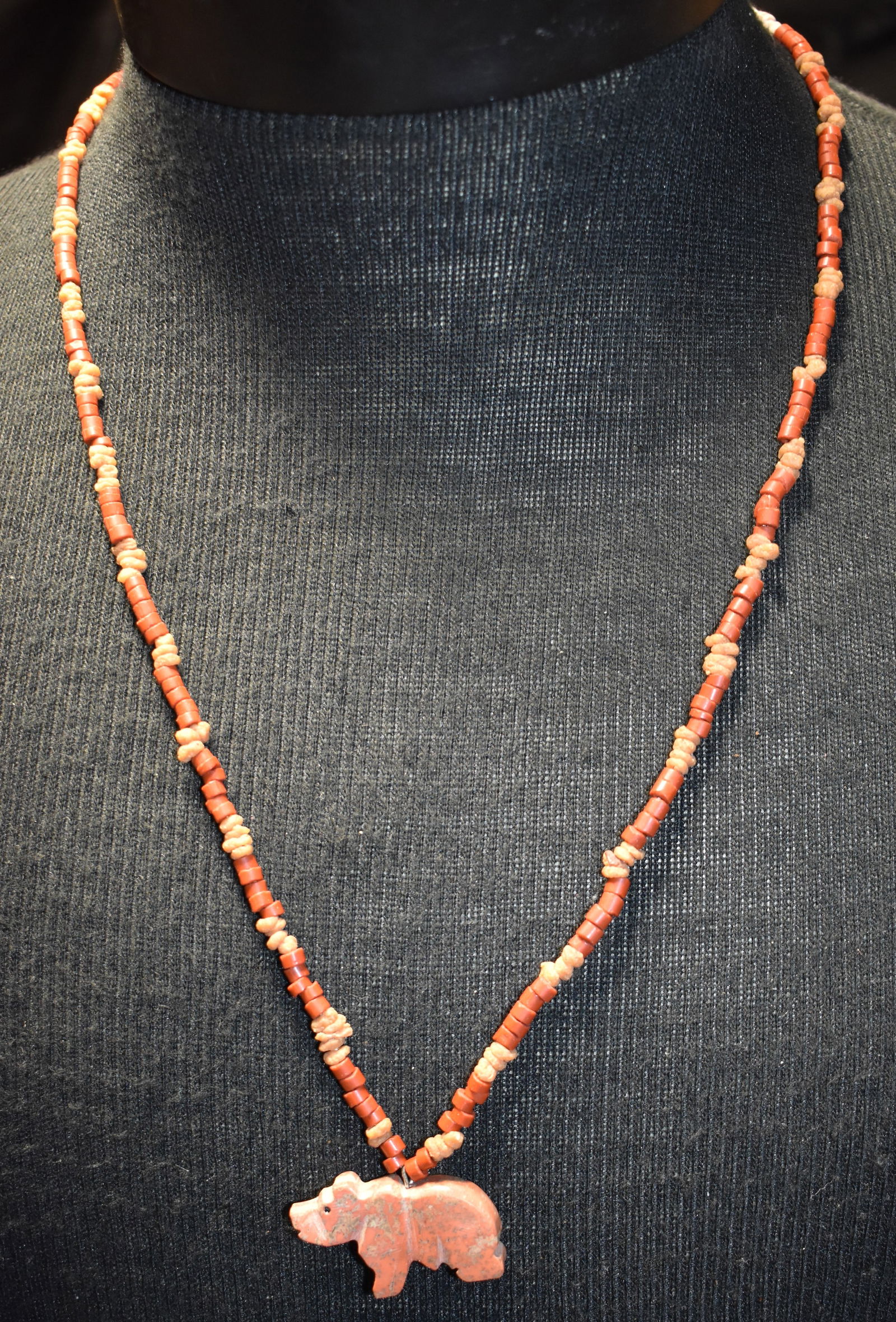 26" Vintage Coral & Jasper Carved Bear Stone Necklace (1 of 5)