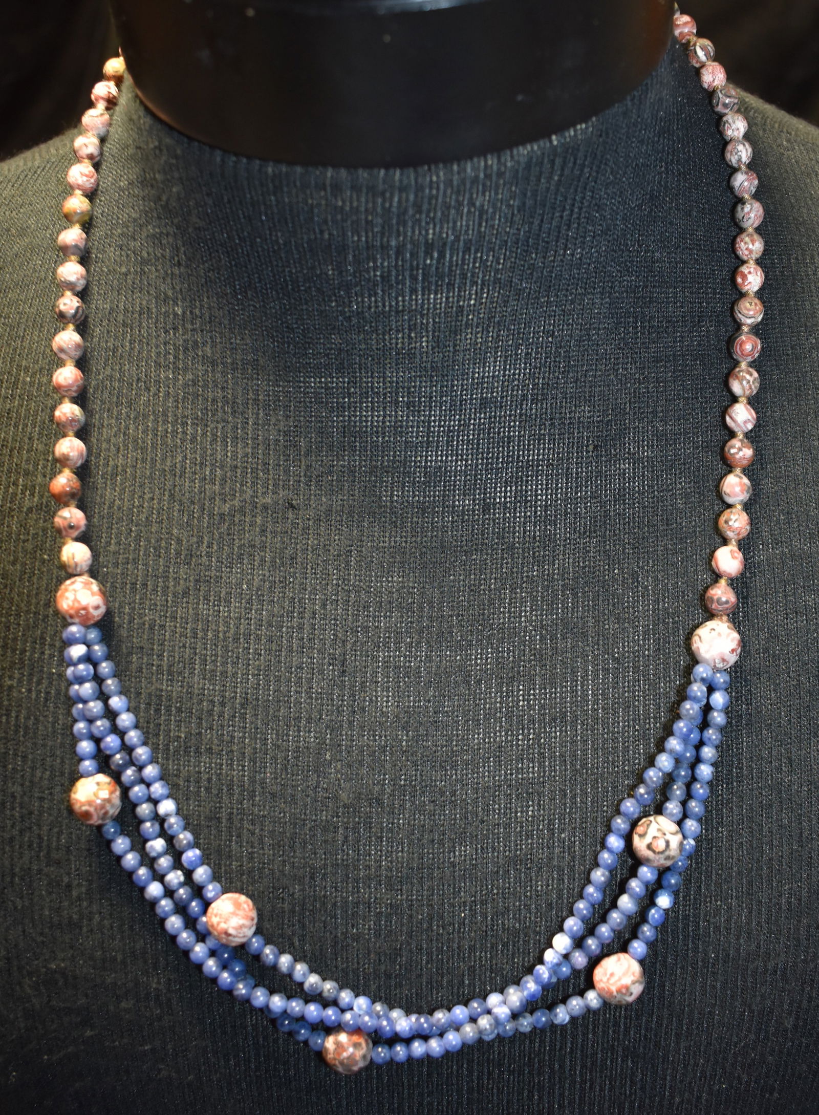 Vintage Lapis Lazuli and Leopard Skin Jasper Necklace: Vintage Lapiz Lazuli and Leopard Skin Jasper Necklace. Blue beads may be other than lapiz but that was our best guess. Excellent condition.