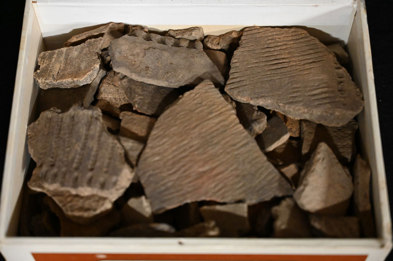 Cigar Box Full of Pottery Shards Found by Terry Bourret in Pike Co. Illinois across the Mississippi (1 of 5)