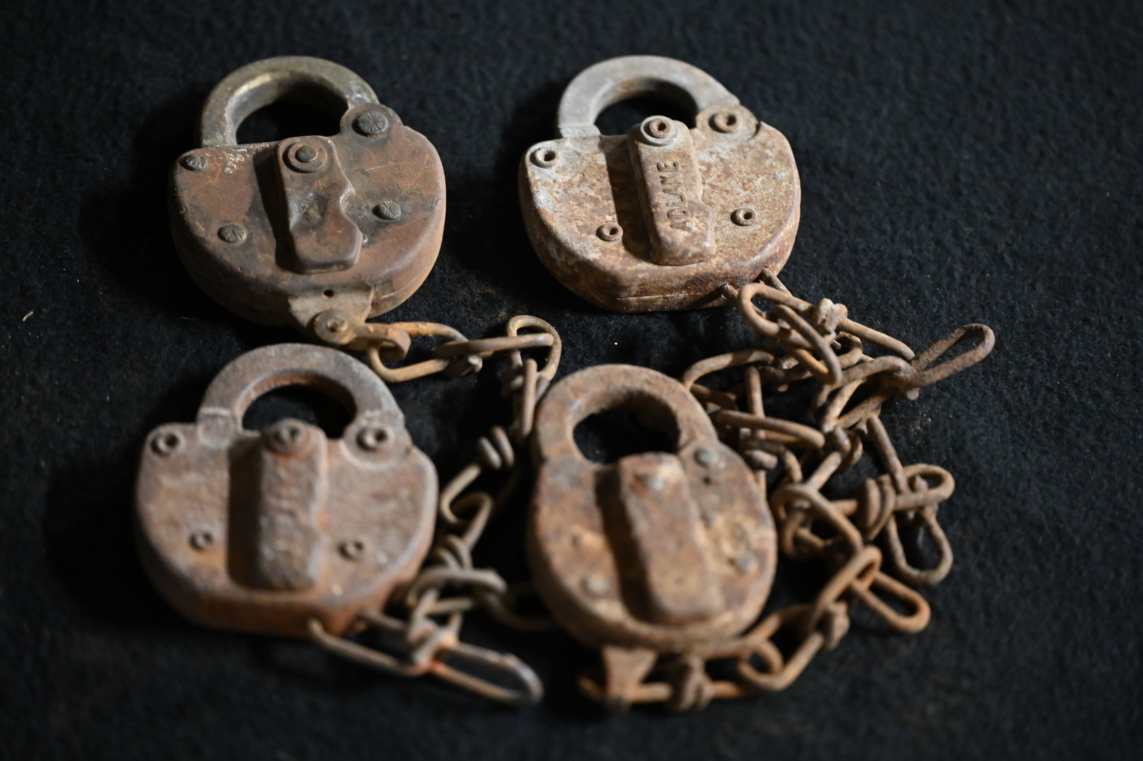 4 Vintage Railroad Padlocks no keys.  Includes Adlake and Fraim Locks.  They have a lot of rust on (1 of 5)