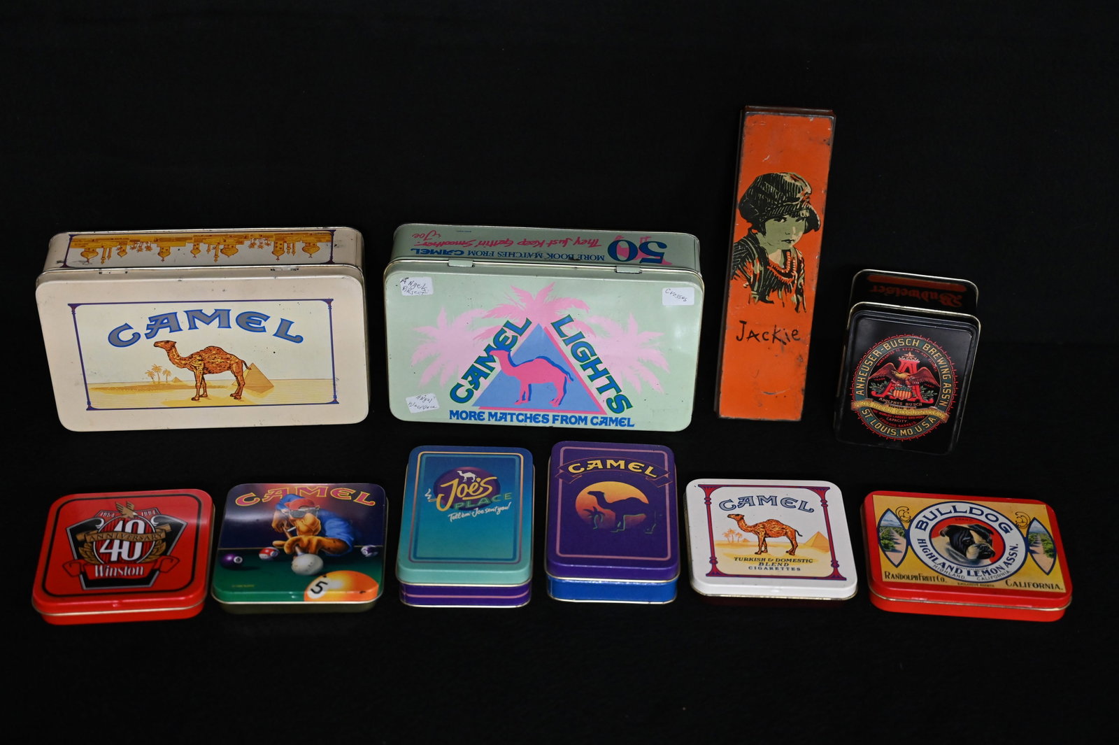 10 Vintage Cigarette and Cigar Tins. Includes Camel, Winston, Bulldog, Jackie, and Budweiser.: 10 Vintage Cigarette and Cigar Tins. Includes Camel, Winston, Bulldog, Jackie, and Budweiser.