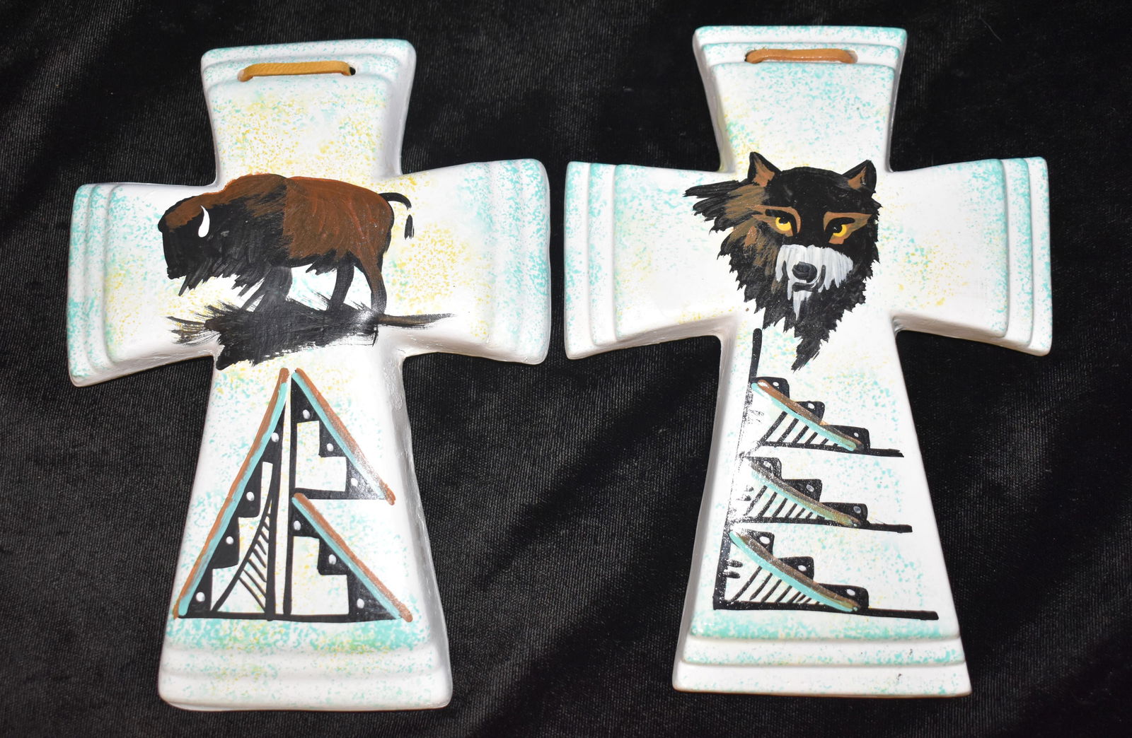 2 Hand Painted Native American Pottery Crosses - Wolf and Buffalo 6 5/8" (1 of 4)