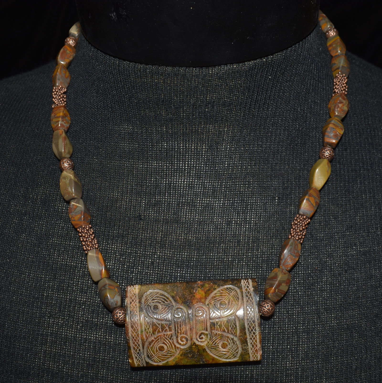 19" Jasper Bead w/ Hand Etched/Carved Stone Pendant: 19" Jasper Bead w/ Hand Etched/Carved Stone Pendant. Stones appear to be jasper. Excellent condition.