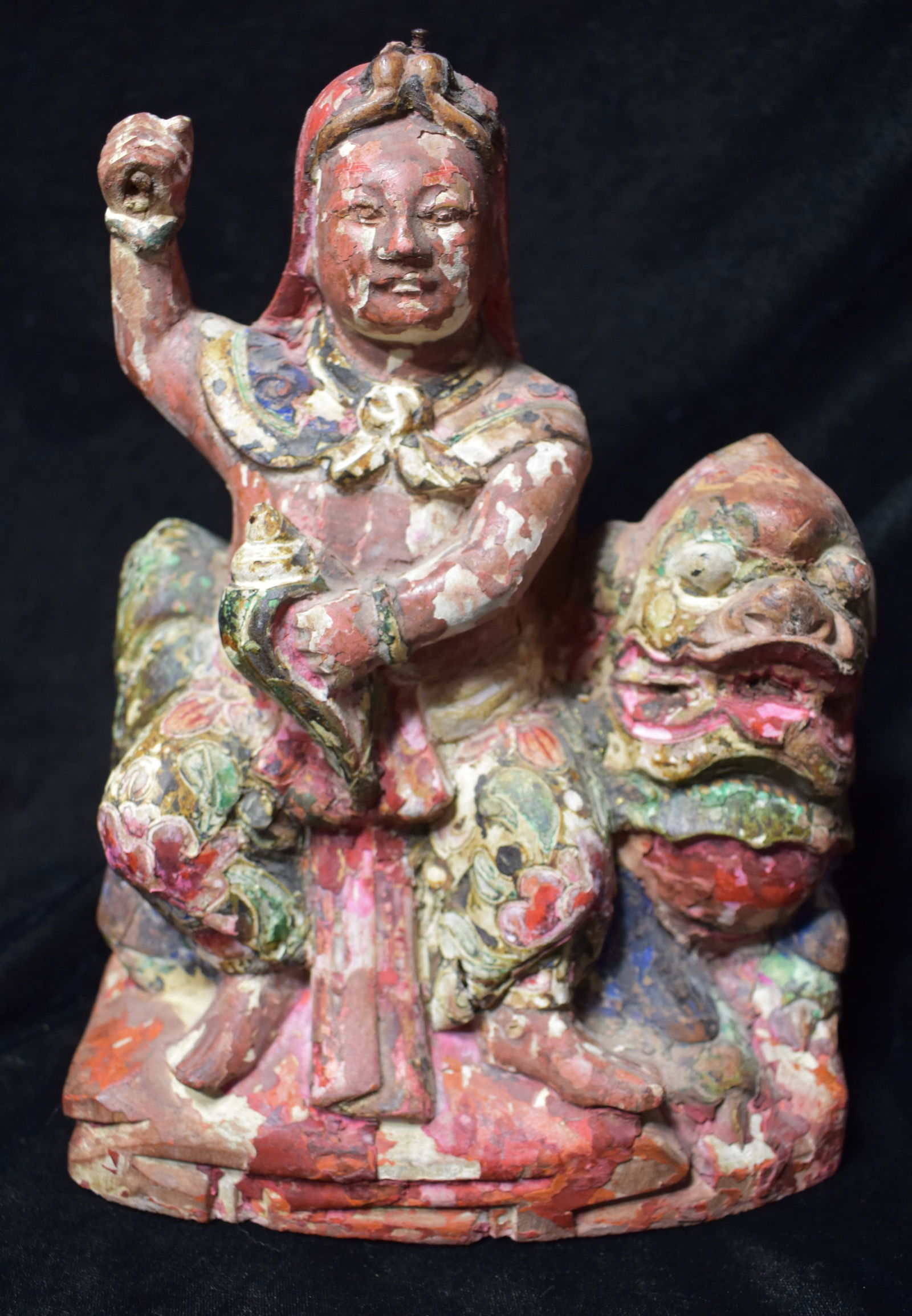 9 1/4" Antique Intricately Hand Carved Wood Asian Goddess Seated on a Foo Dog (1 of 15)