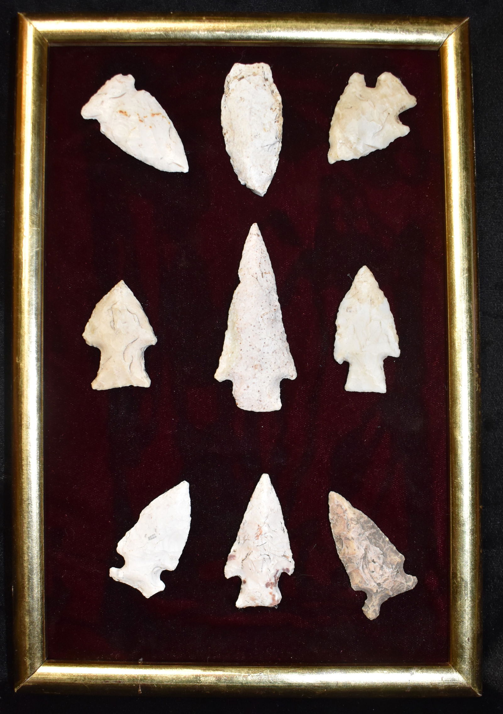 Frame of 9 Arrowheads found by Giles Sailer in Knox County Illinois.  Ancient Native American (1 of 5)