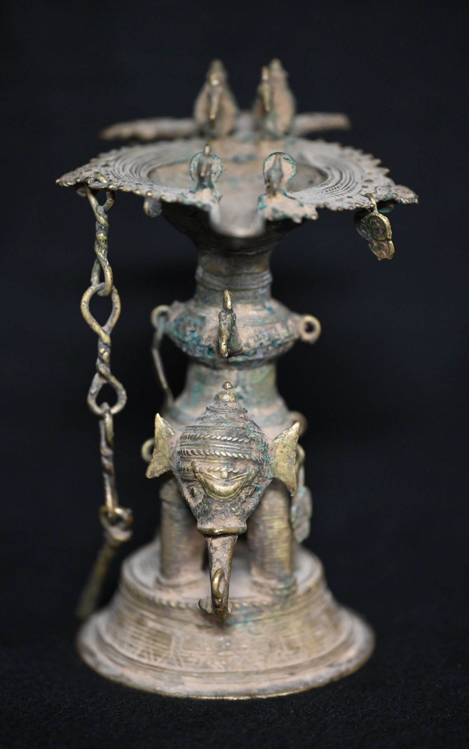 Brass Temple Oil Lamp from India.  Circa 18th-19th Century.  The main body is an elephant with a (1 of 11)