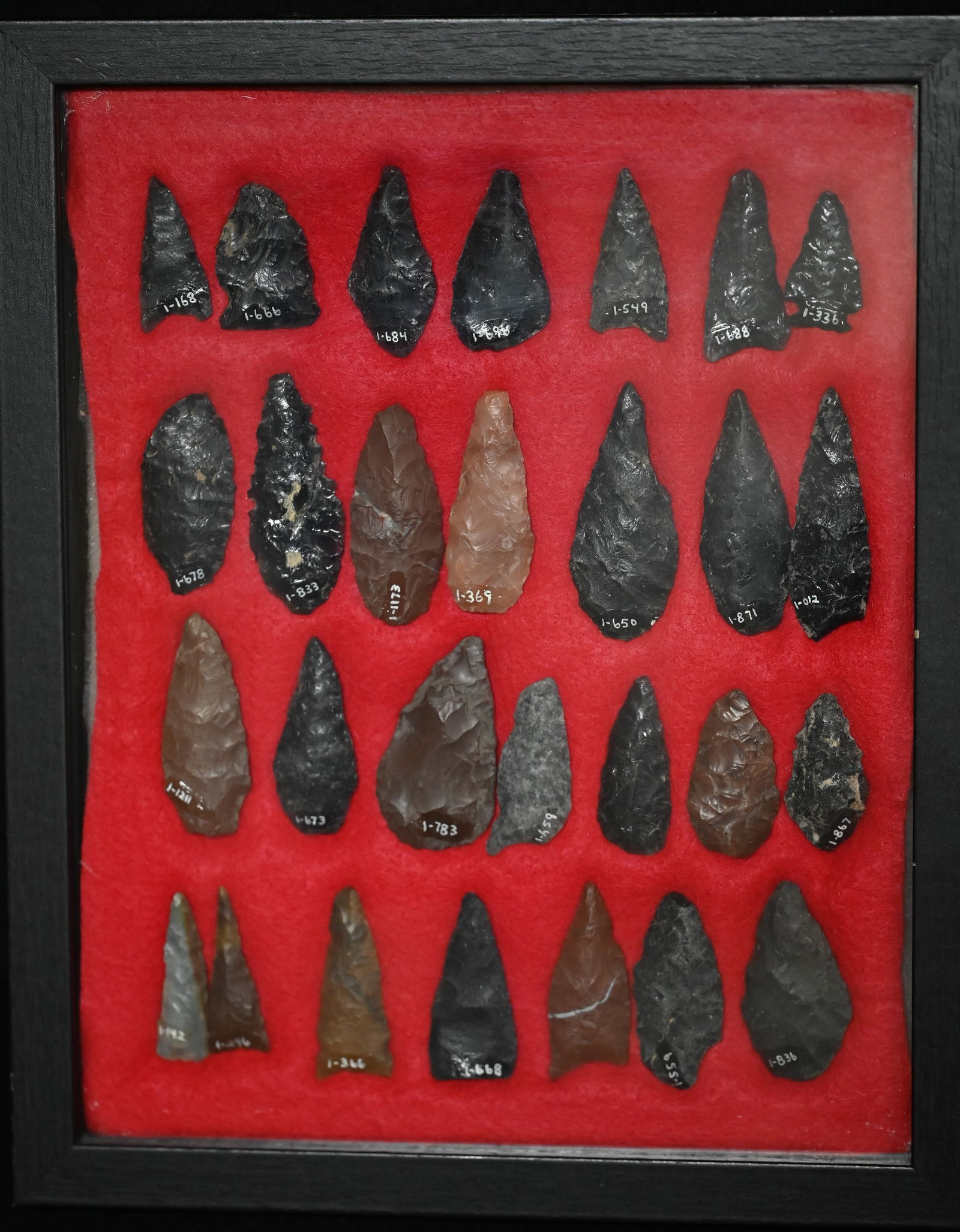 Frame of 28 Arrowheads Found in Lake Co. California on or near Bartlet Mountain found by Venn (1 of 5)