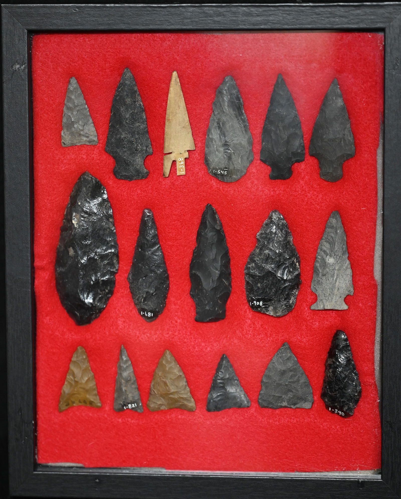Frame of 24 Arrowheads Found in Lake Co. California on or near Bartlet Mountain found by Venn (1 of 4)