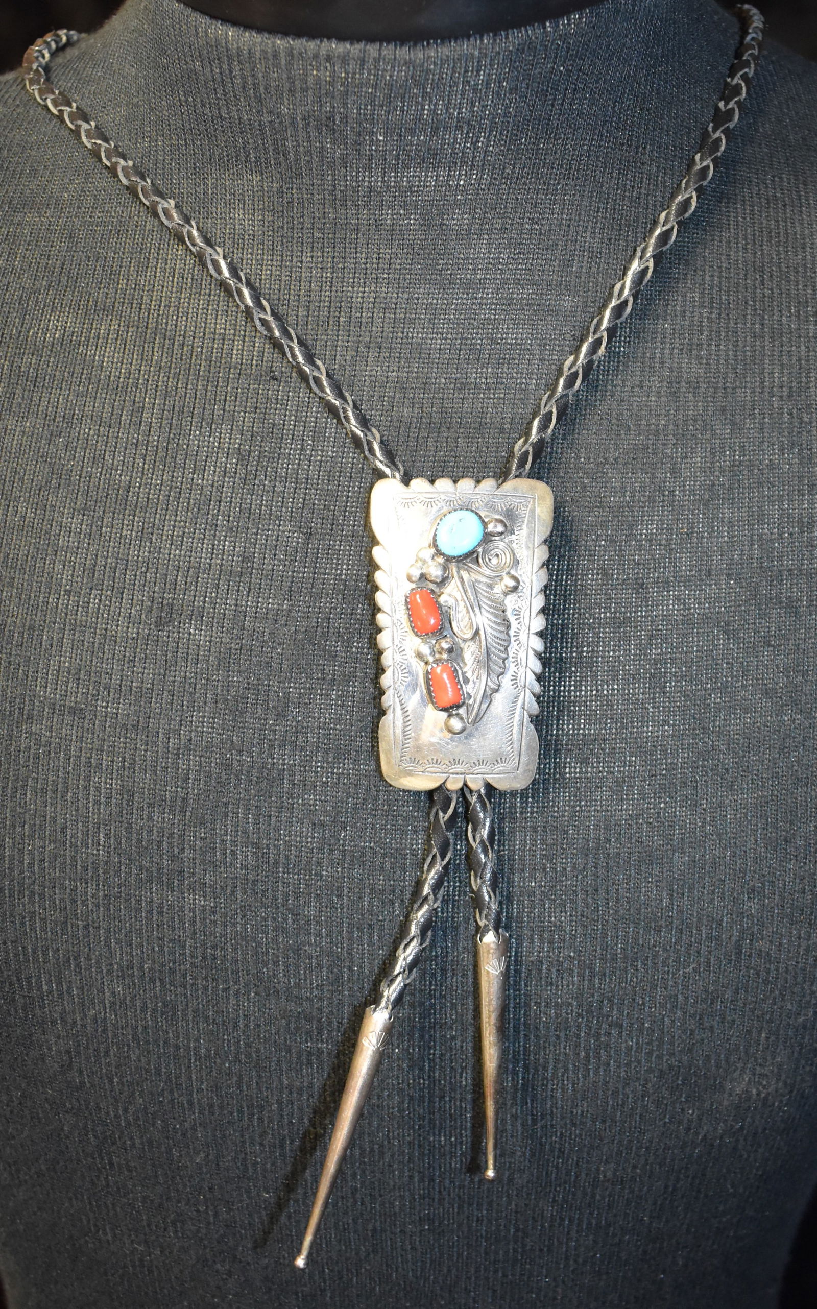 Navajo Turquoise & Red Coral Sterling Silver Bolo - Signed WM (1 of 5)