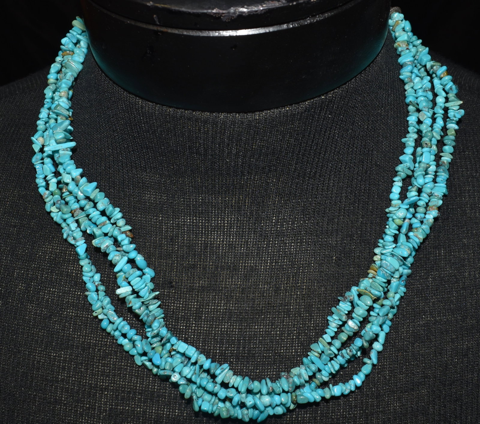 19" Navajo 4 Strand Turquoise Choker - 49 grams: 19" Navajo 4 Strand Turquoise Choker. Enhanced Turquois. New condition. Ex Pride of the Nations Store. Weighs 49 grams.