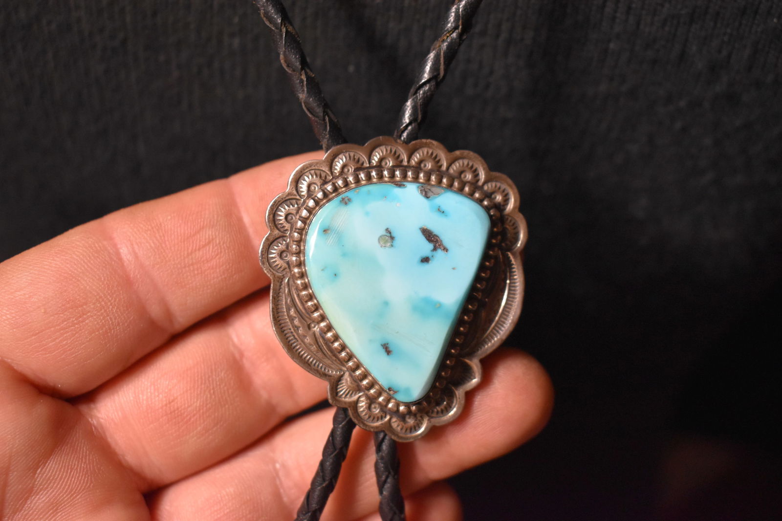 Navajo Sterling Silver & Blue Ridge Turquoise Bolo Tie - Signed J. Linkin (1 of 6)