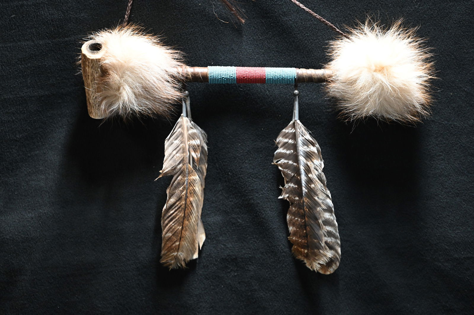 17" Native American Made Beaded Pipe with Turkey Feather Drops and Coyote Fur.  Elk antler pipe bowl (1 of 7)