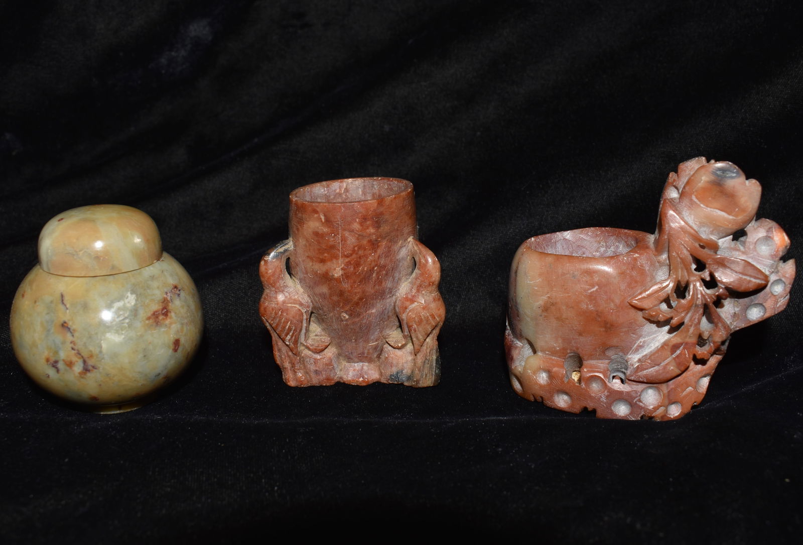 Vintage Finely Made Chinese Soapstone Carvings - Birds Ink Well, Floral Ink Well and Lidded: Vintage Finely Made Chinese Soapstone Carvings - Birds Ink Well, Floral Ink Well and Lidded Container. All are in very nice condition. 2" to 2 3/4" Tall