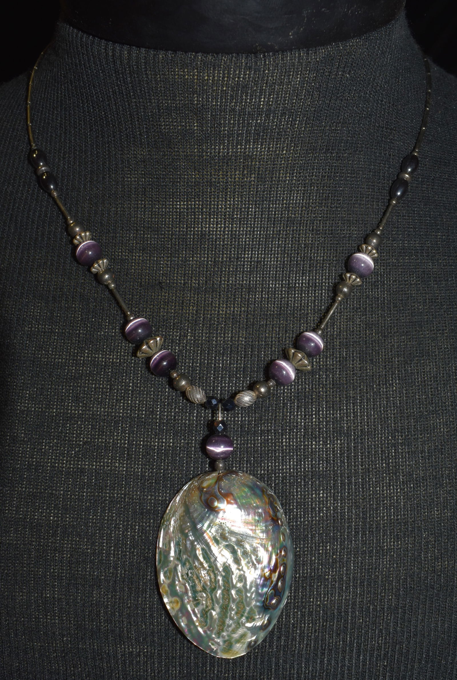 19" Sterling Silver & Purple Cats Eye w/ Abalone Shell Pendant Choker (1 of 6)