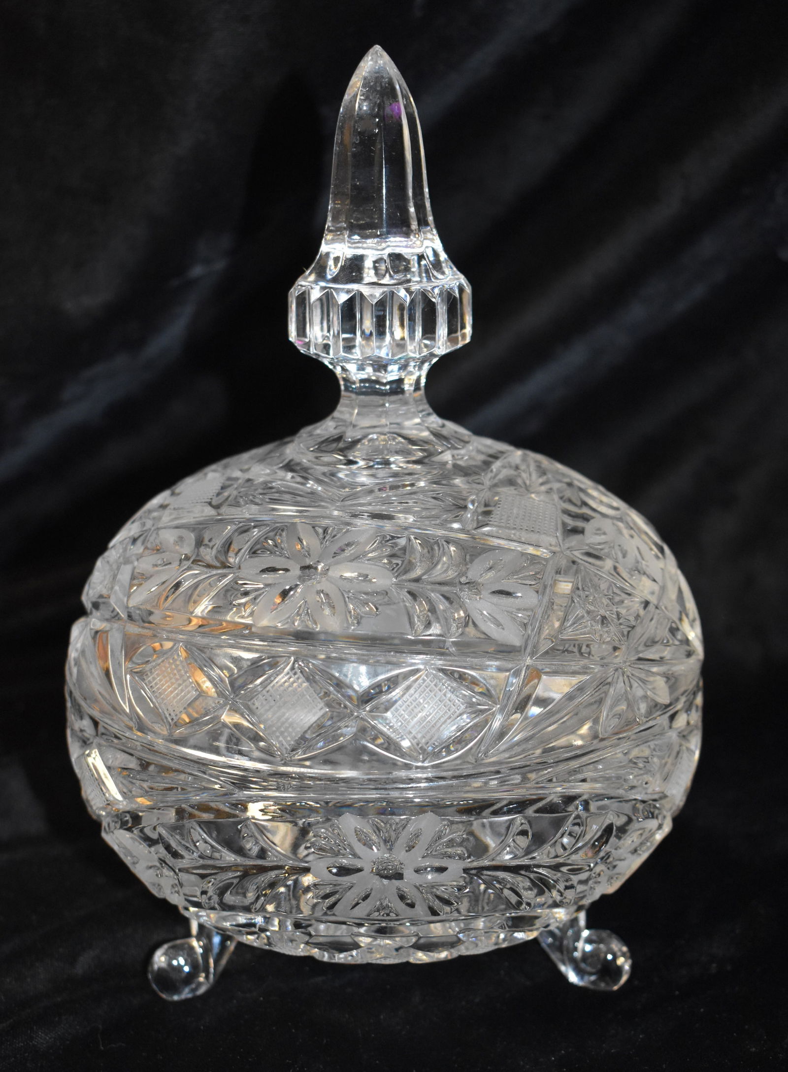 Vintage Cut Etched Crystal Candy Dish - German 3 Toe w/ Floral Designs (1 of 8)