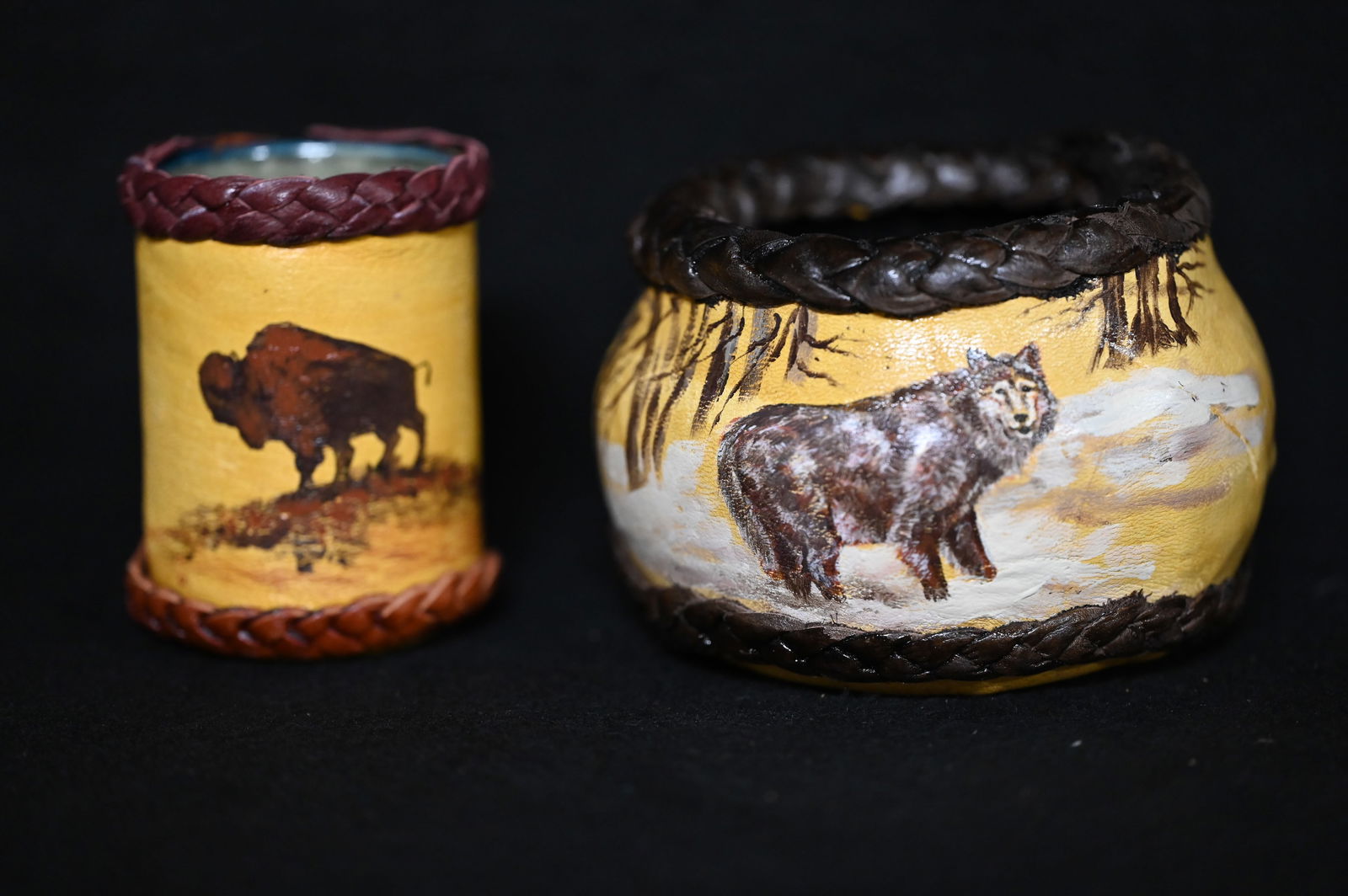 2 Hand Made Leather Wrapped Pottery 3 1/2 inches Tall by Artist Patricia B. (1 of 6)