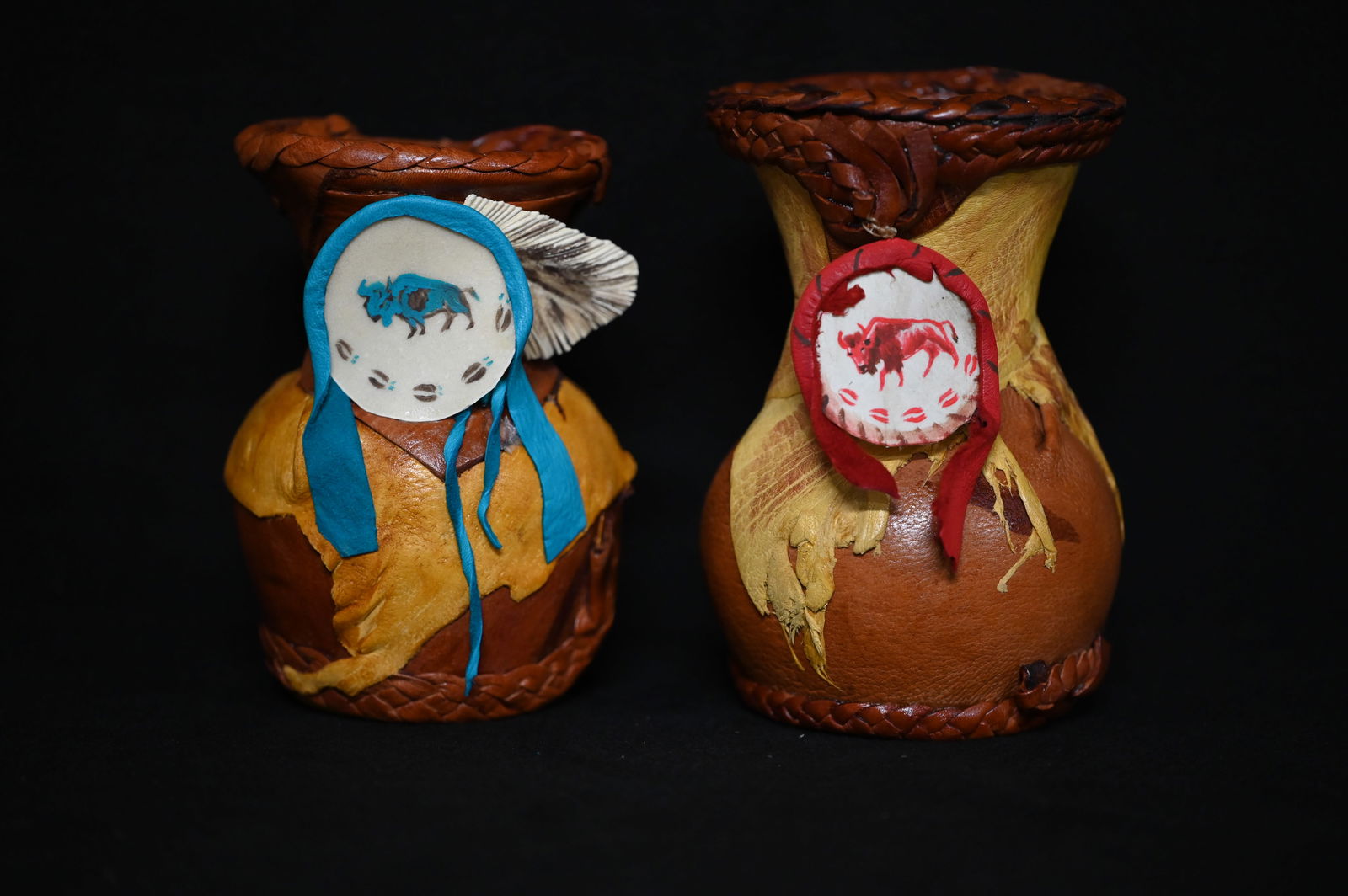 2 Hand Made Leather Wrapped Pottery 7 1/2 inches Tall by Artist Patricia B. (1 of 7)