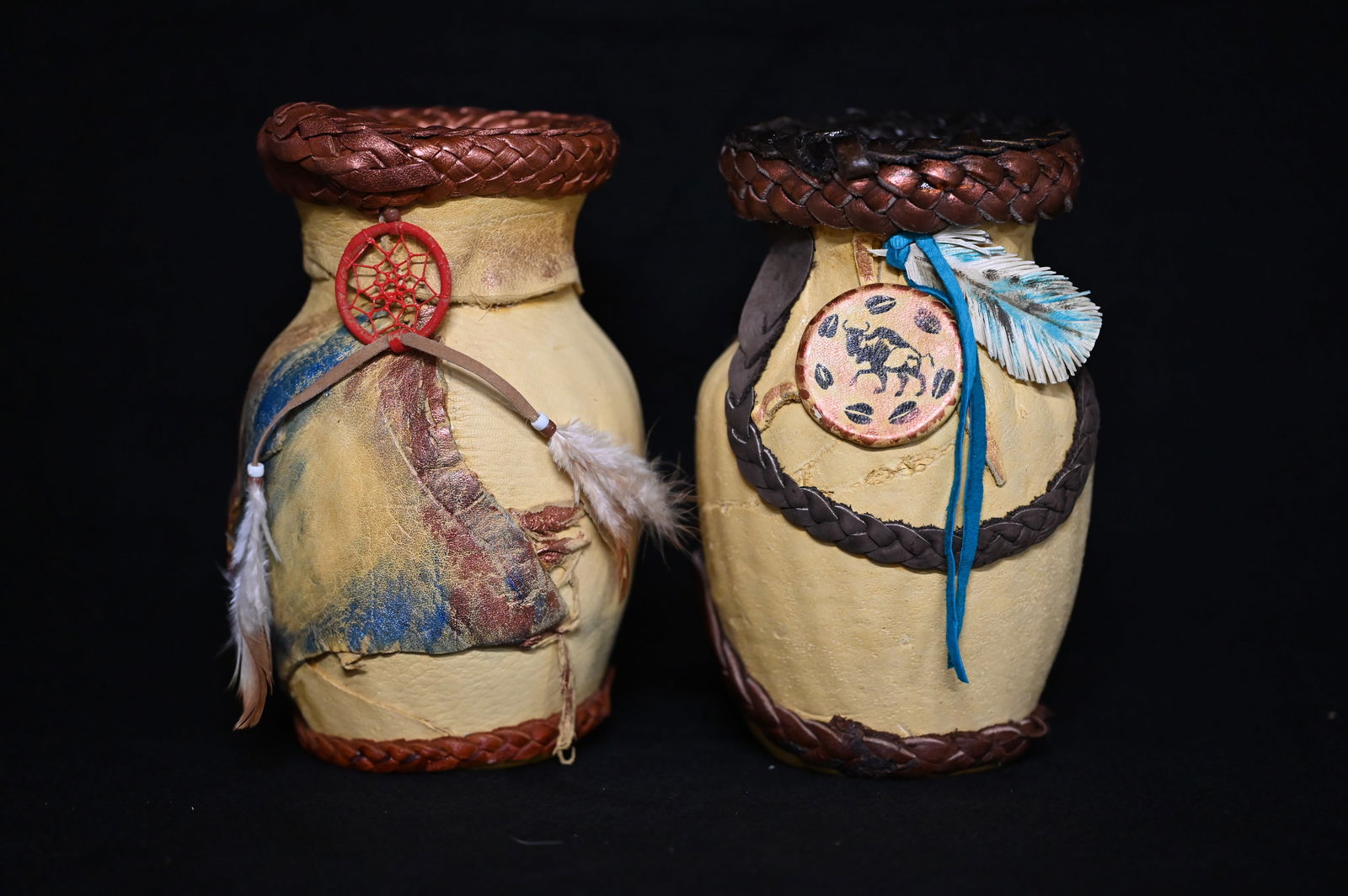 2 Hand Made Leather Wrapped Pottery 8 1/2 inches Tall by Artist Patricia B. (1 of 7)