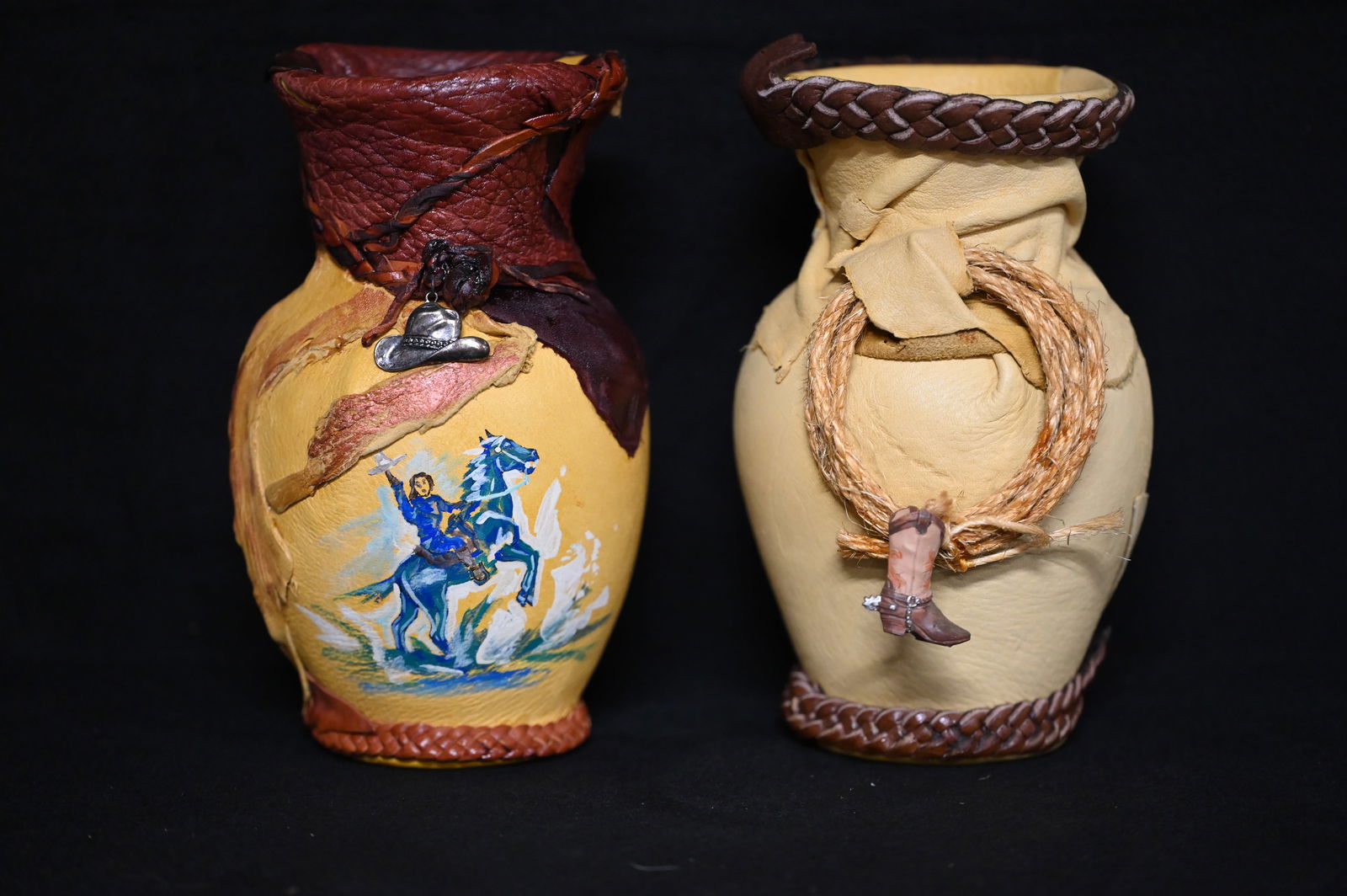 2 Hand Made Leather Wrapped Pottery 9 inches Tall by Artist Patricia B. (1 of 7)