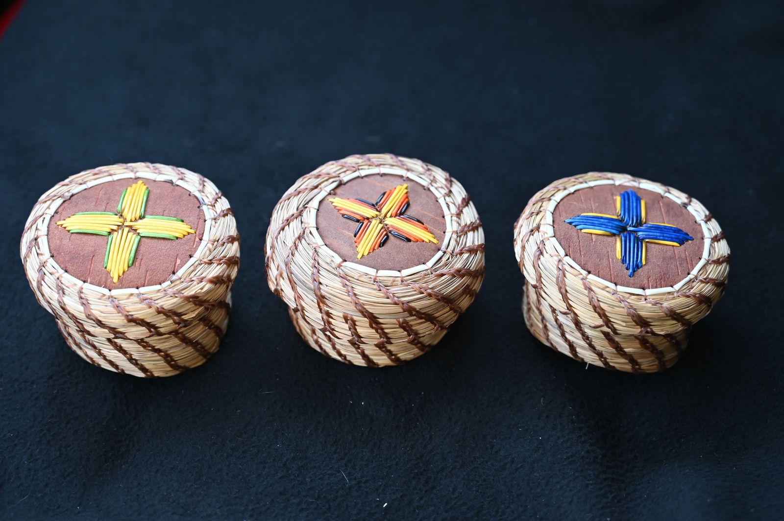 3 Sweetgrass and Quill Baskets 3 1/4" across and 2 1/4" tall. Lots of detailed work went into making (1 of 6)
