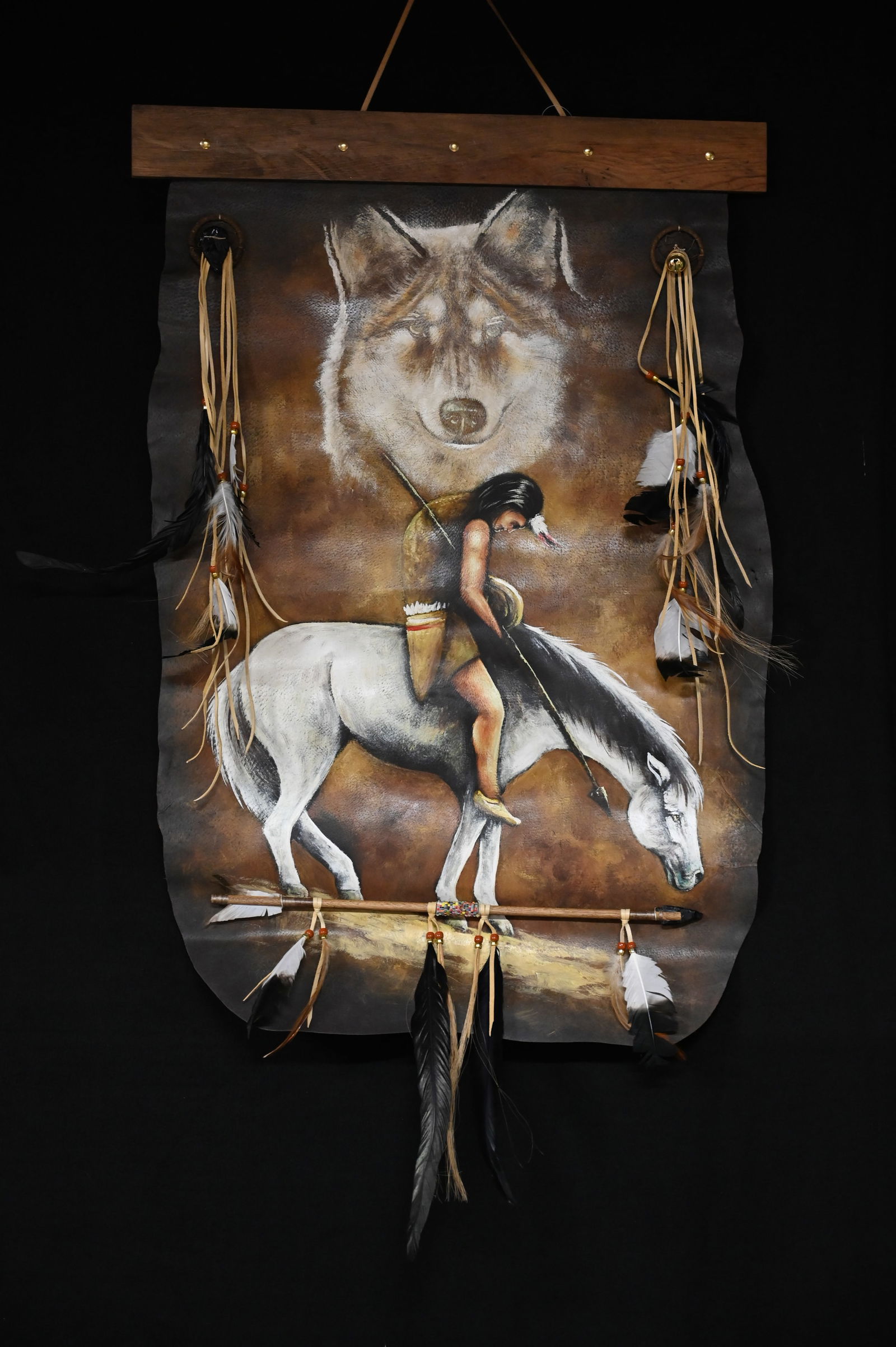 Large Leather Wall Hanging Art of The Last Trail with a Spirit Wolf in the background.  Measures 24 (1 of 7)