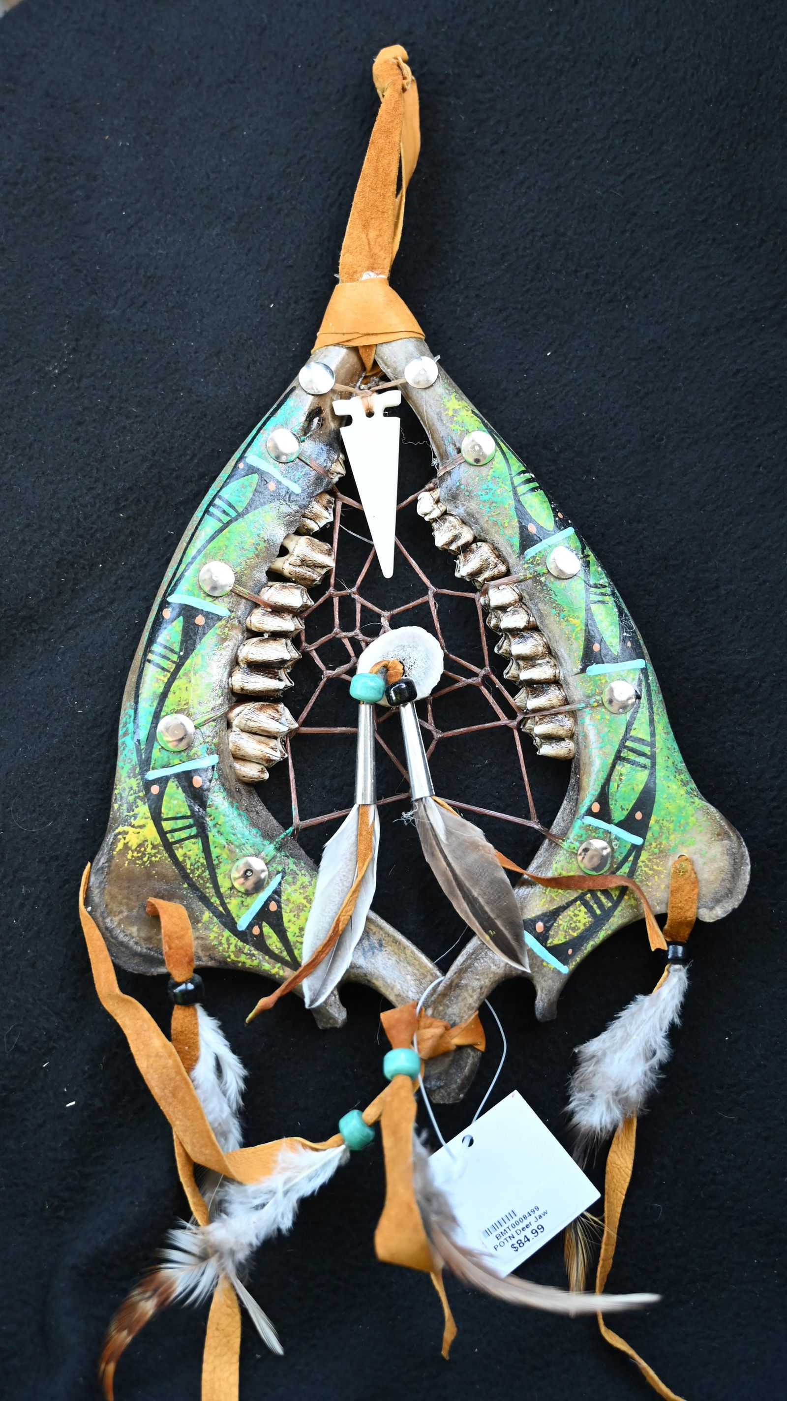 Native American Made Dream Catcher made from 2 jaw bones hand painted and tacked with feather drops. (1 of 5)