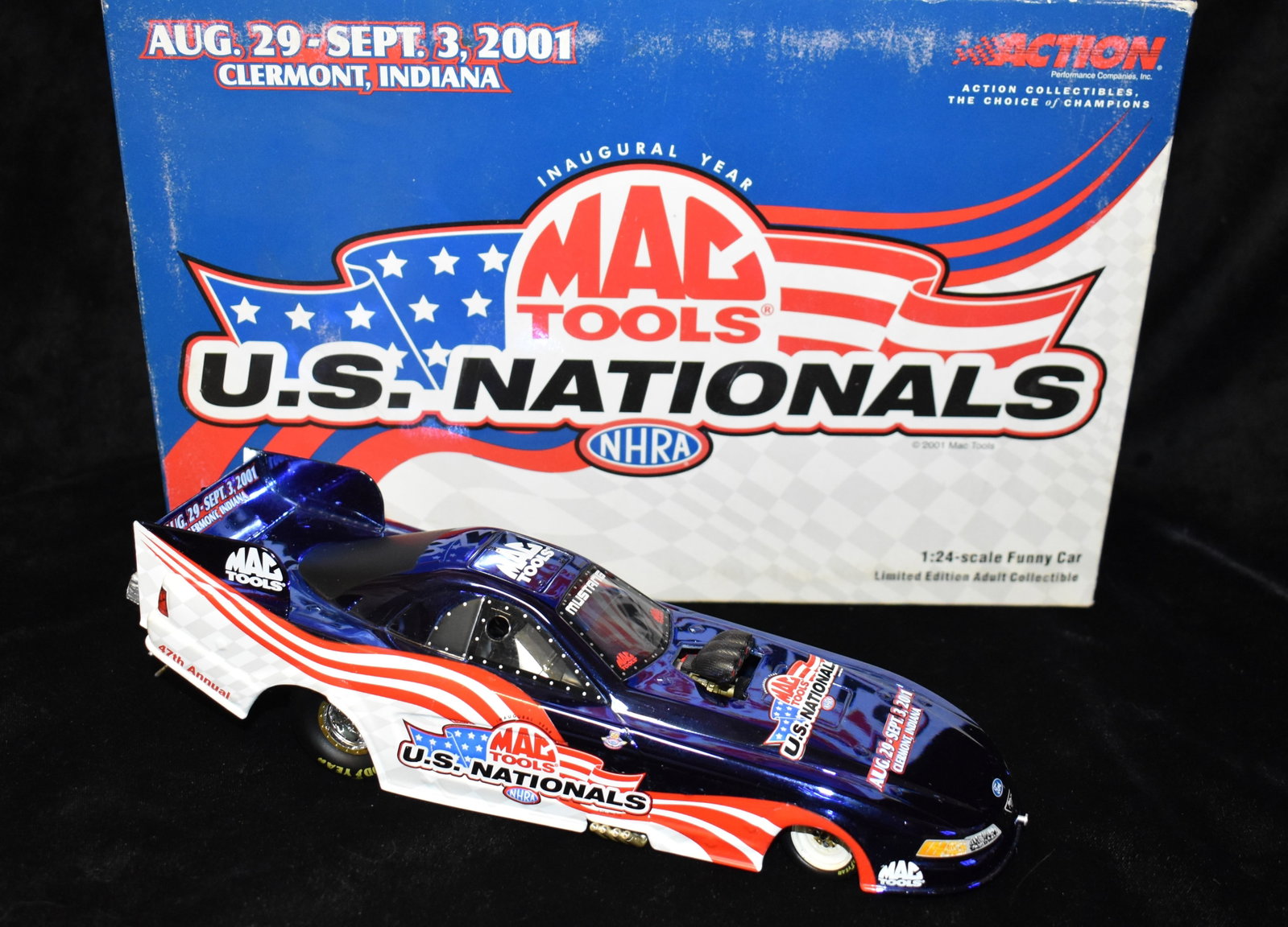 Mac Tooks/ U.S. Nationals 2001 Mustang Funny Car Diecast 1:24 Scale: Mac Tooks/ U.S. Nationals 2001 Mustang Funny Car Diecast 1:24 Scale. Excellent condition with its original box.