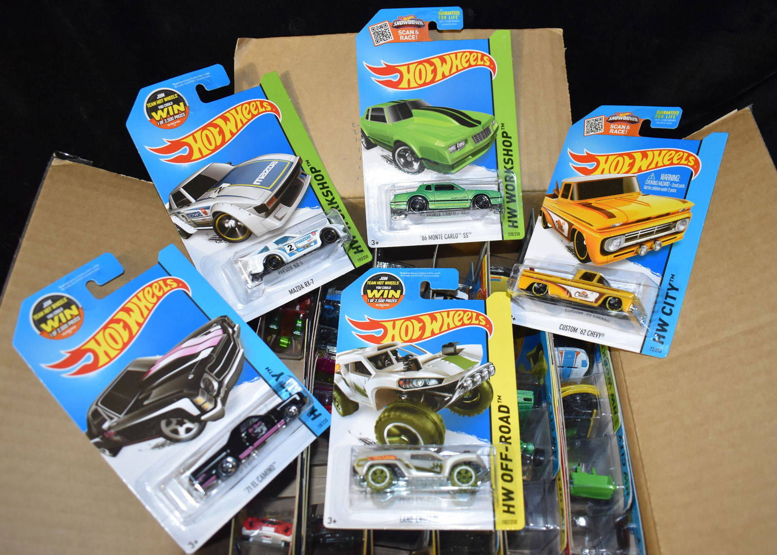 Mattel Hot Wheels Assortment contains 36 cars. All cars are brand new and in their original card.: Mattel Hot Wheels Assortment contains 36 cars. All cars are brand new and in their original card. The cars in the box probably don't match the numbers on the outside of the box. We made sure the numbe