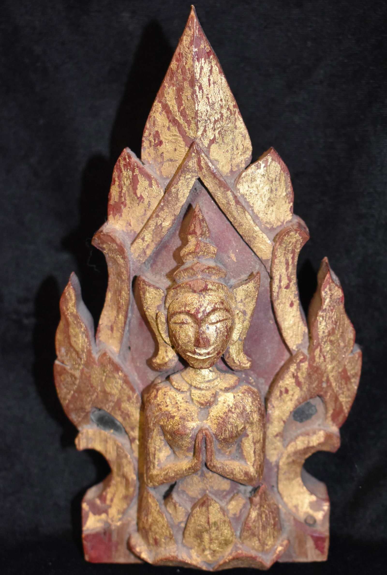 6 1/2" Buddhist Angel Hand Carved Wood w/ Gold Gilt - Antique from Thailand: 6 1/2" Buddhist Angel Hand Carved Wood w/ Gold Gilt - Antique from Thailand. Very good condition for its age. Wood is in very good condition with some fading to paint. Nice wall display.