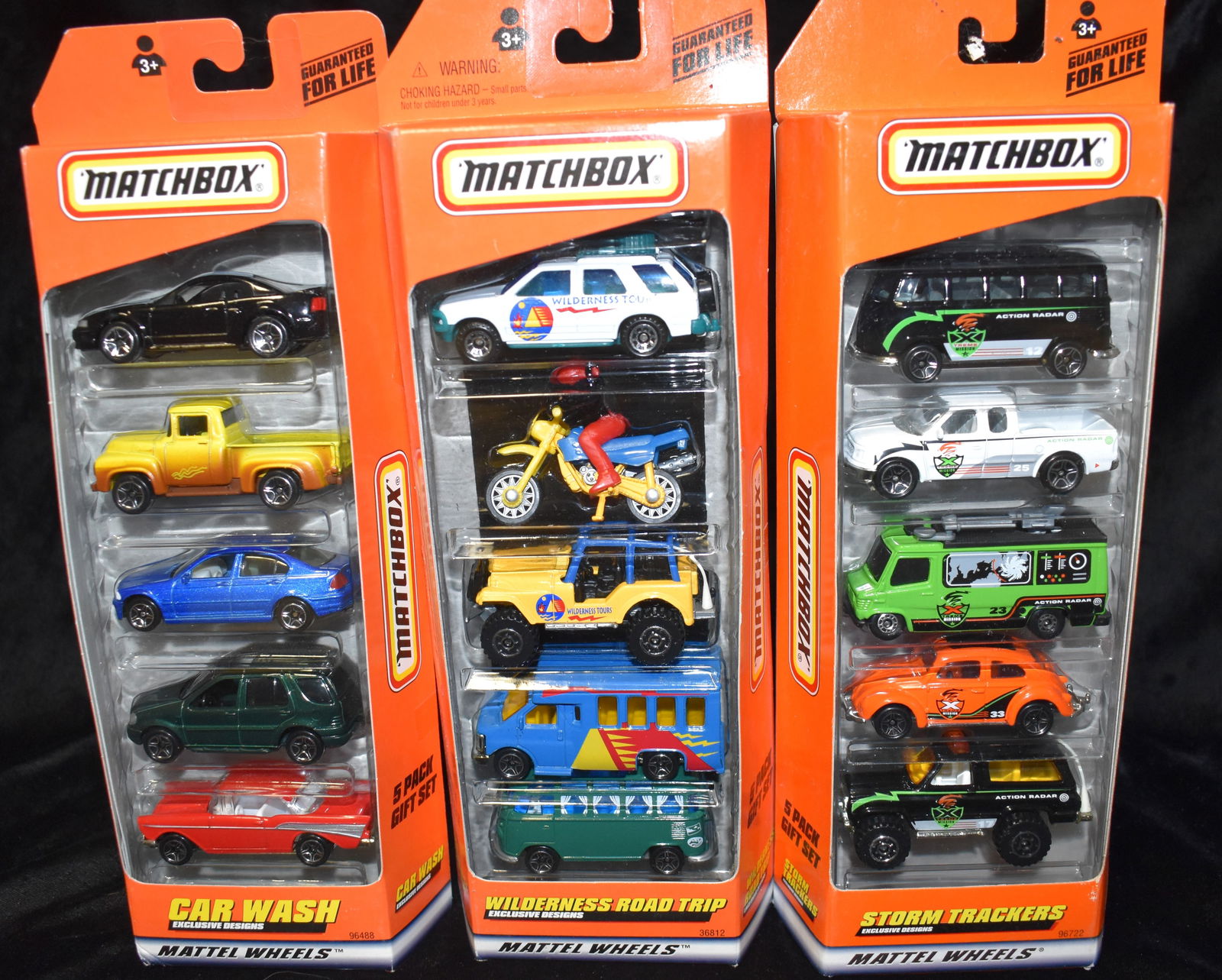 3 Matchbox 5 Packs from 1998-1999  NIB Storm Trackers, Wilderness Road Trip & Car Wash Exclusive (1 of 3)
