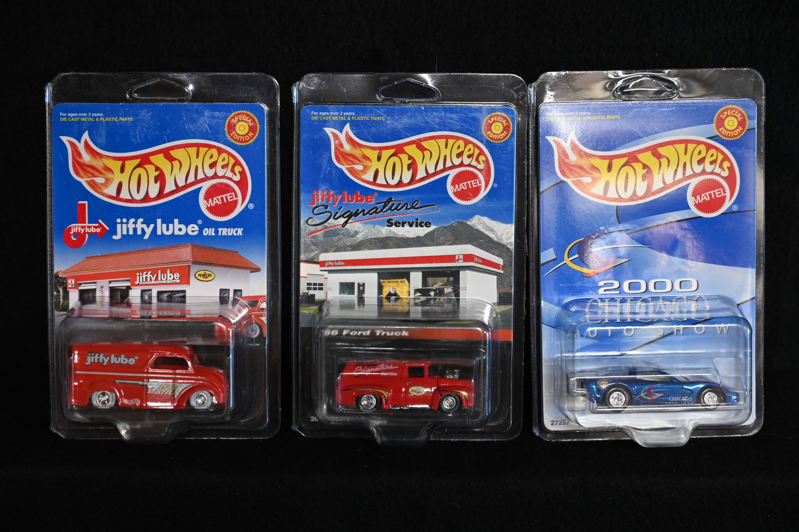 3 Hot Wheels Cars 1998 Jiffy Lube Oil Truck 2000 Jiffy Lube 56' Ford Truck and 1999 Chicago Auto (1 of 5)